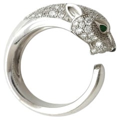 Cartier Panther Panthere Emerald Diamond Pave 18K White Gold Ring Size 53 EU