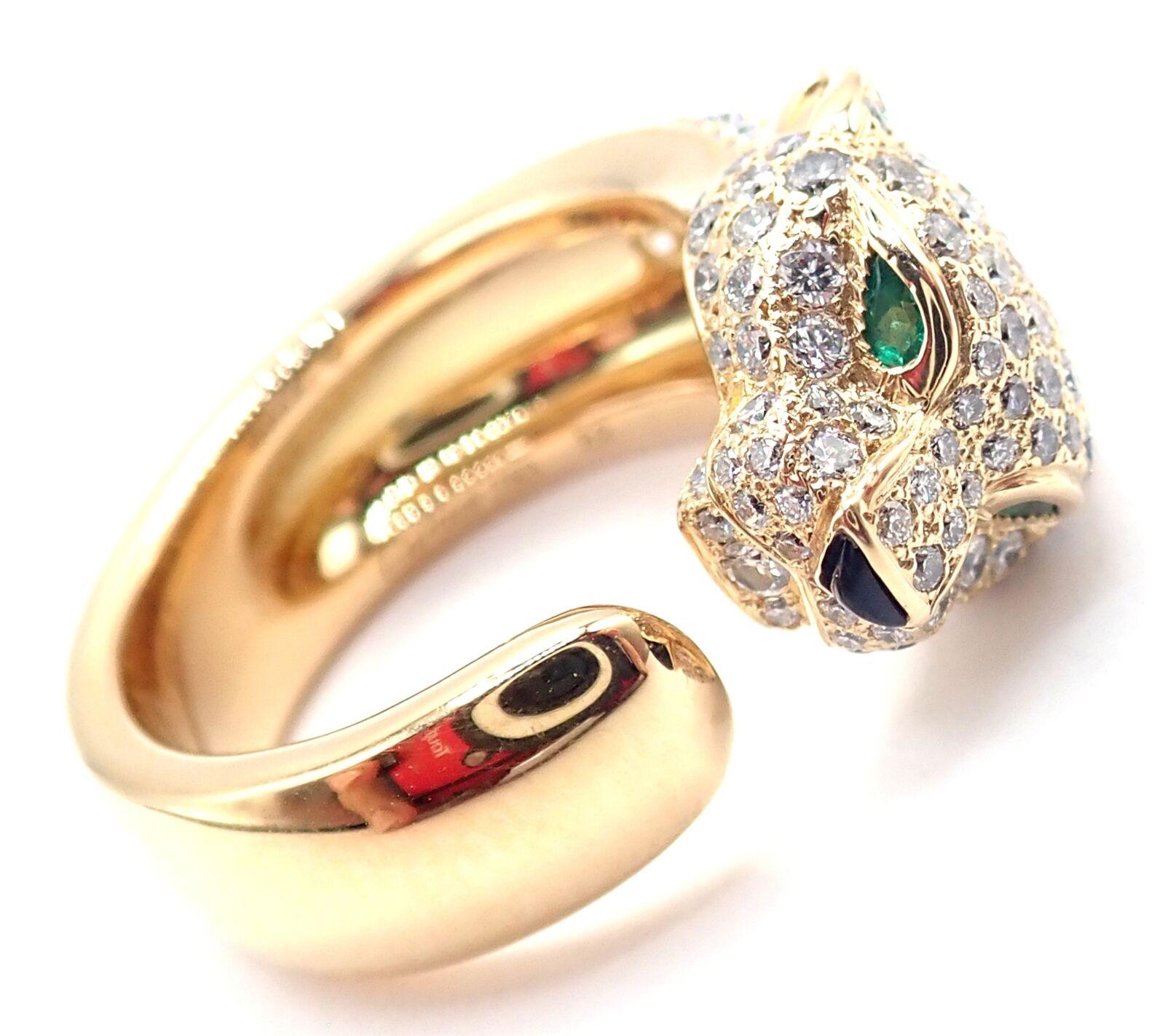 18k Gelbgold Diamant, Smaragd, und Onyx Panther Ring von Cartier. 
Teil der Kollektion 
