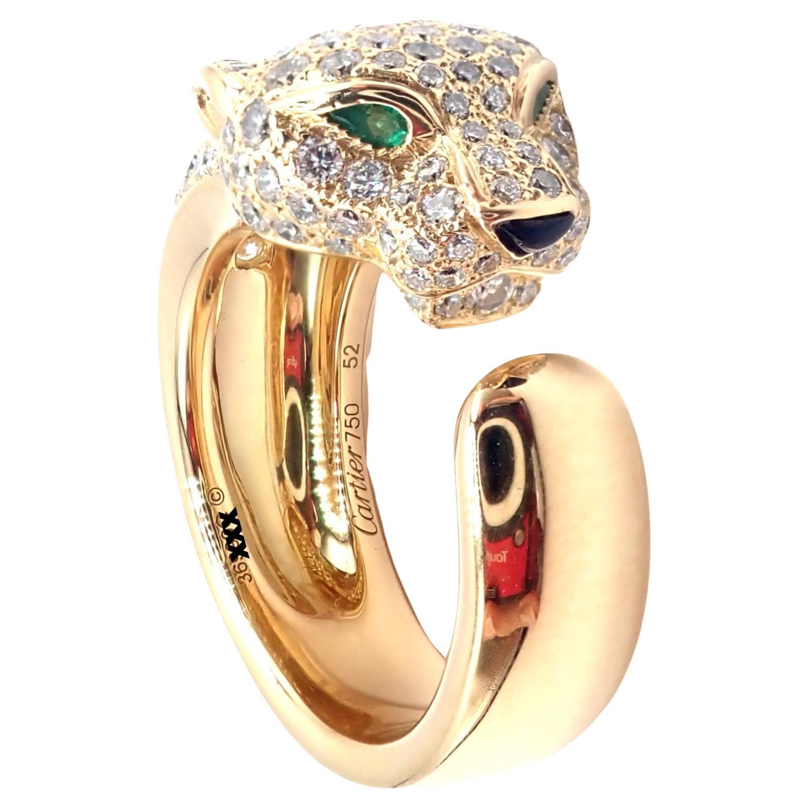 Cartier Panther Panthere Emerald Onyx Diamond Gold Band Ring For Sale