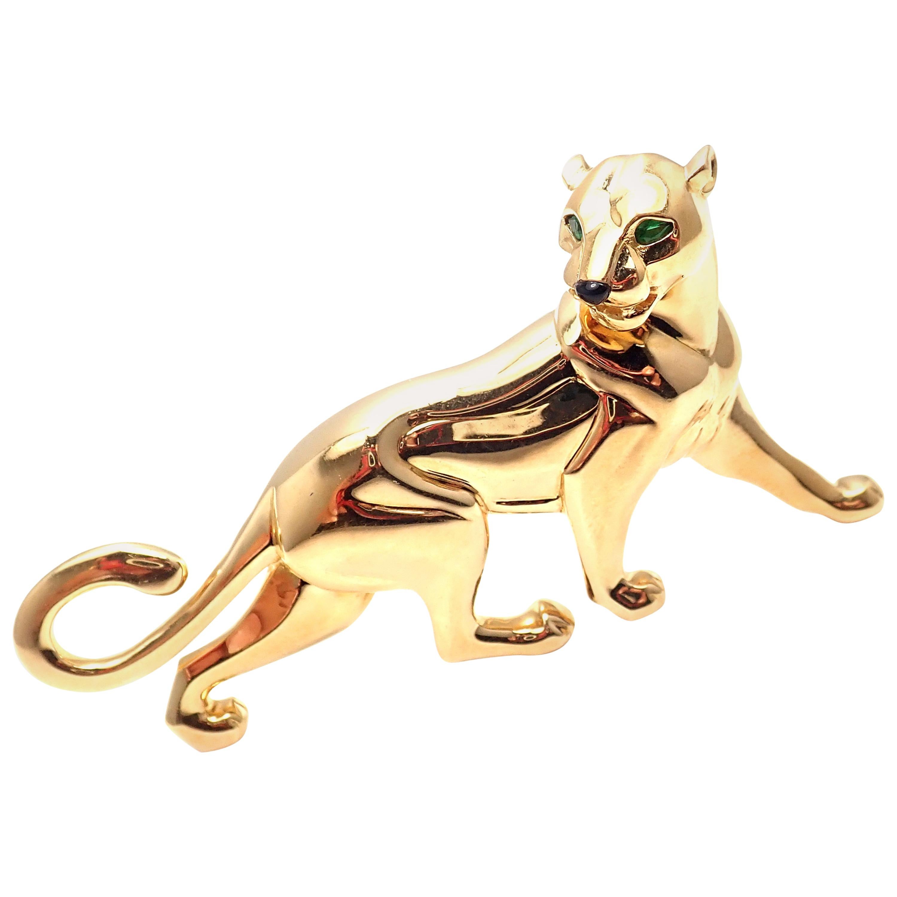 Cartier Panther Panthère Emerald Onyx Large Yellow Gold Pin Brooch