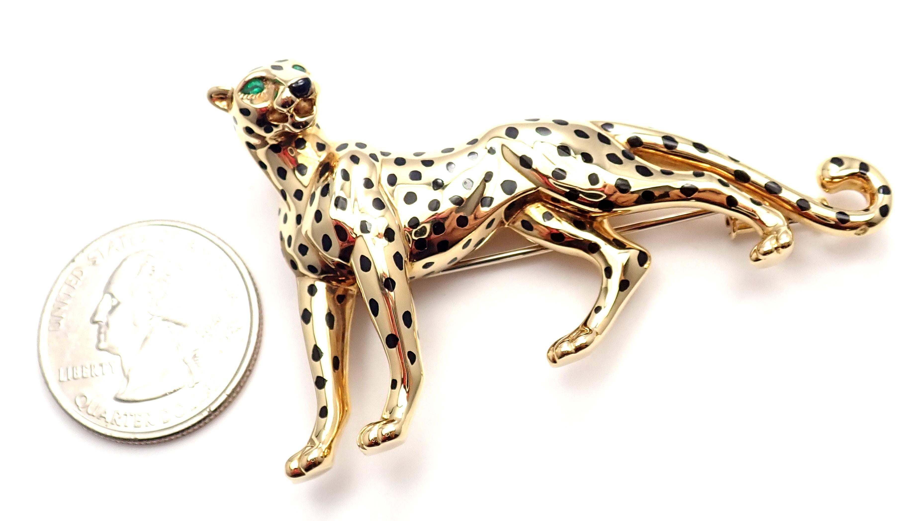 Cartier Panther Panthere Onyx Emerald Yellow Gold Large Pin Brooch 3