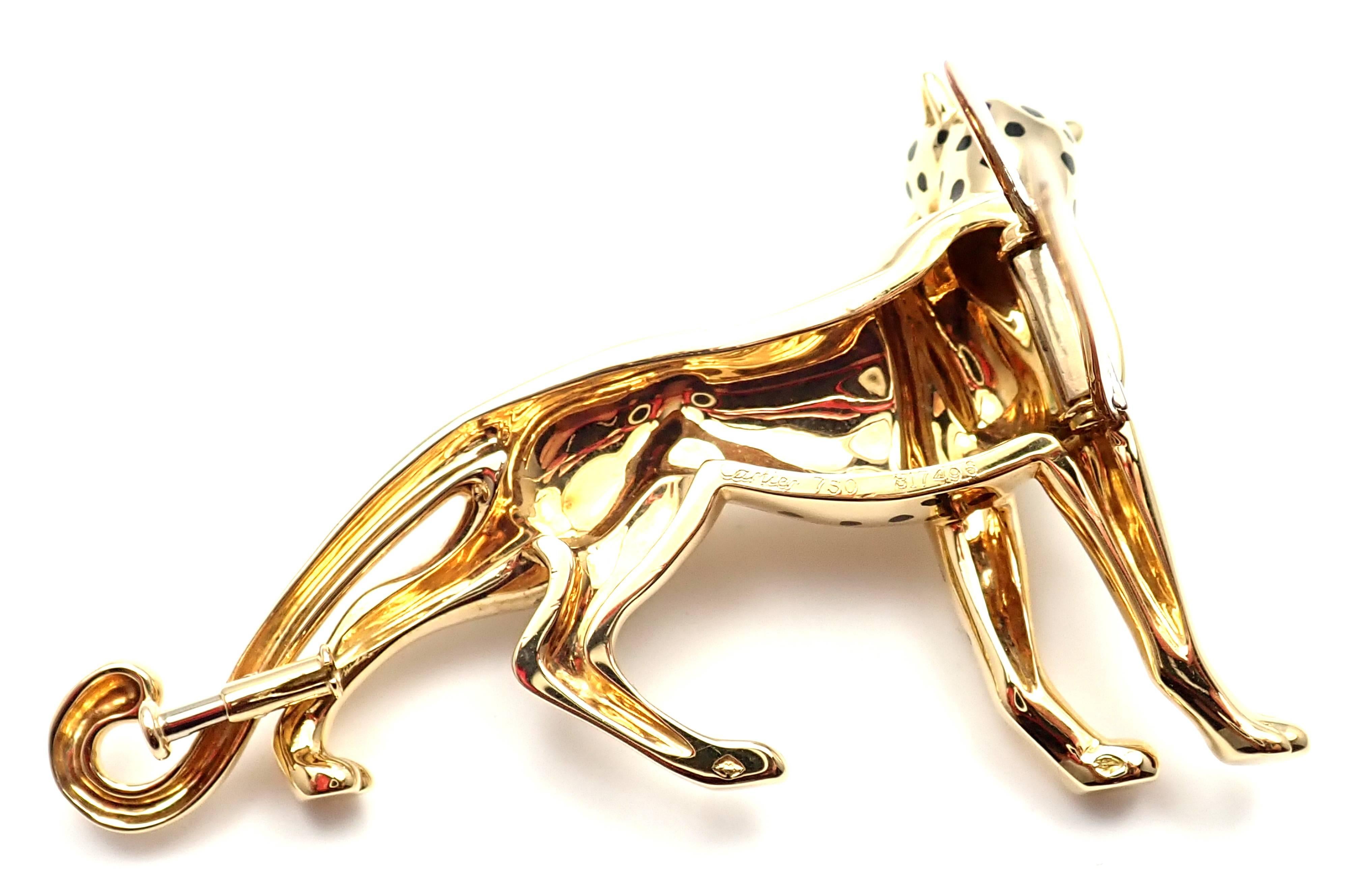 Cartier Panther Panthere Onyx Emerald Yellow Gold Large Pin Brooch In New Condition In Holland, PA