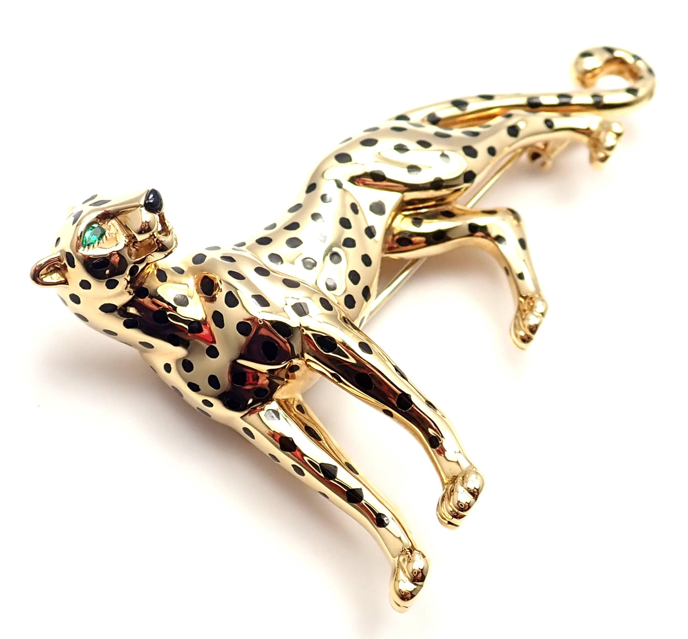Cartier Panther Panthere Onyx Emerald Yellow Gold Large Pin Brooch 2