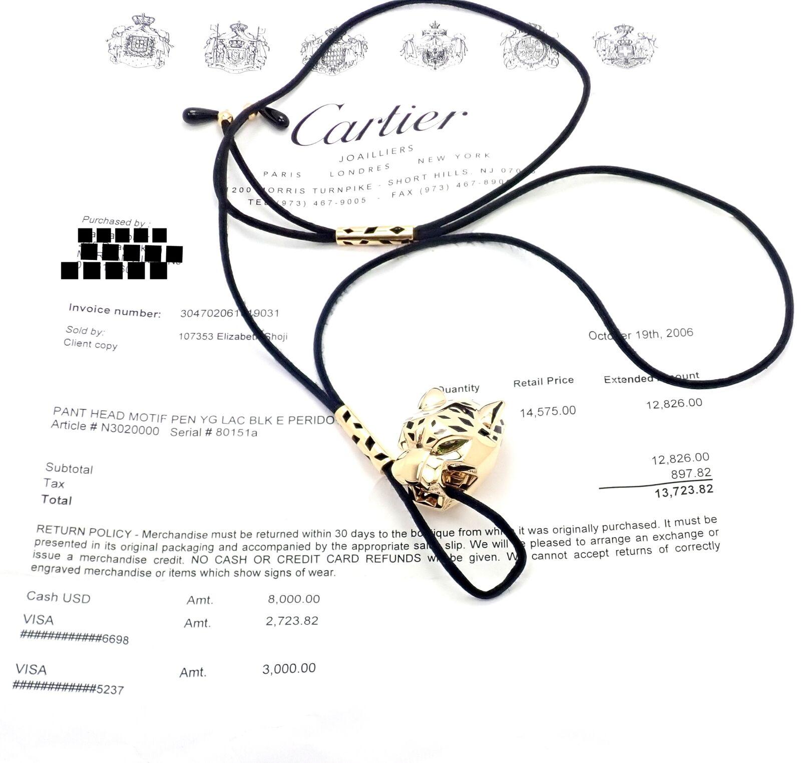 Cartier Panther Panthere Peridot Lack Gelbgold Anhänger Lange Kordel Halskette im Angebot 5