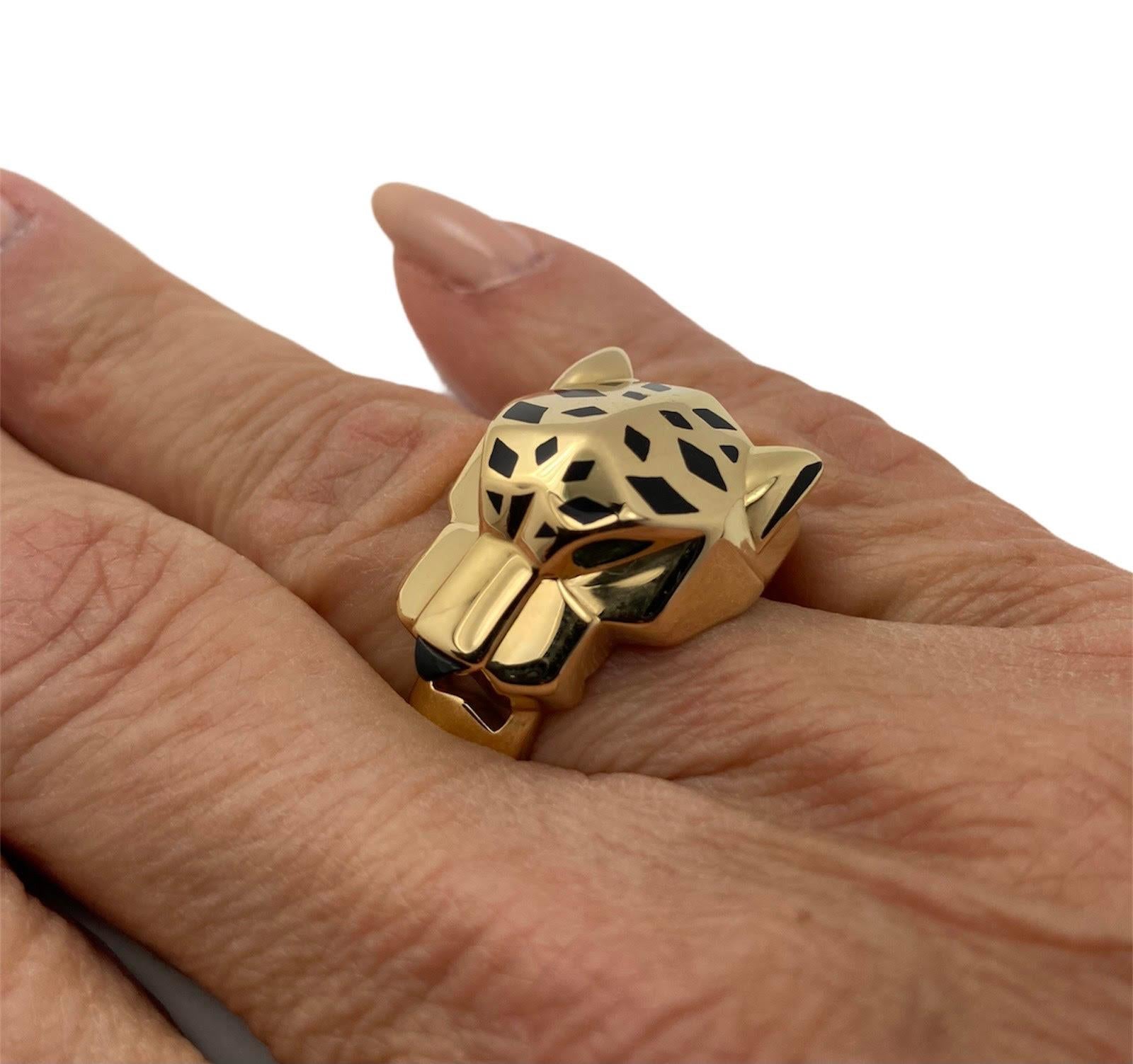 18k Yellow Gold Panther Peridot, Onyx, and Lacquer Ring by Cartier. 
From Cartier's 