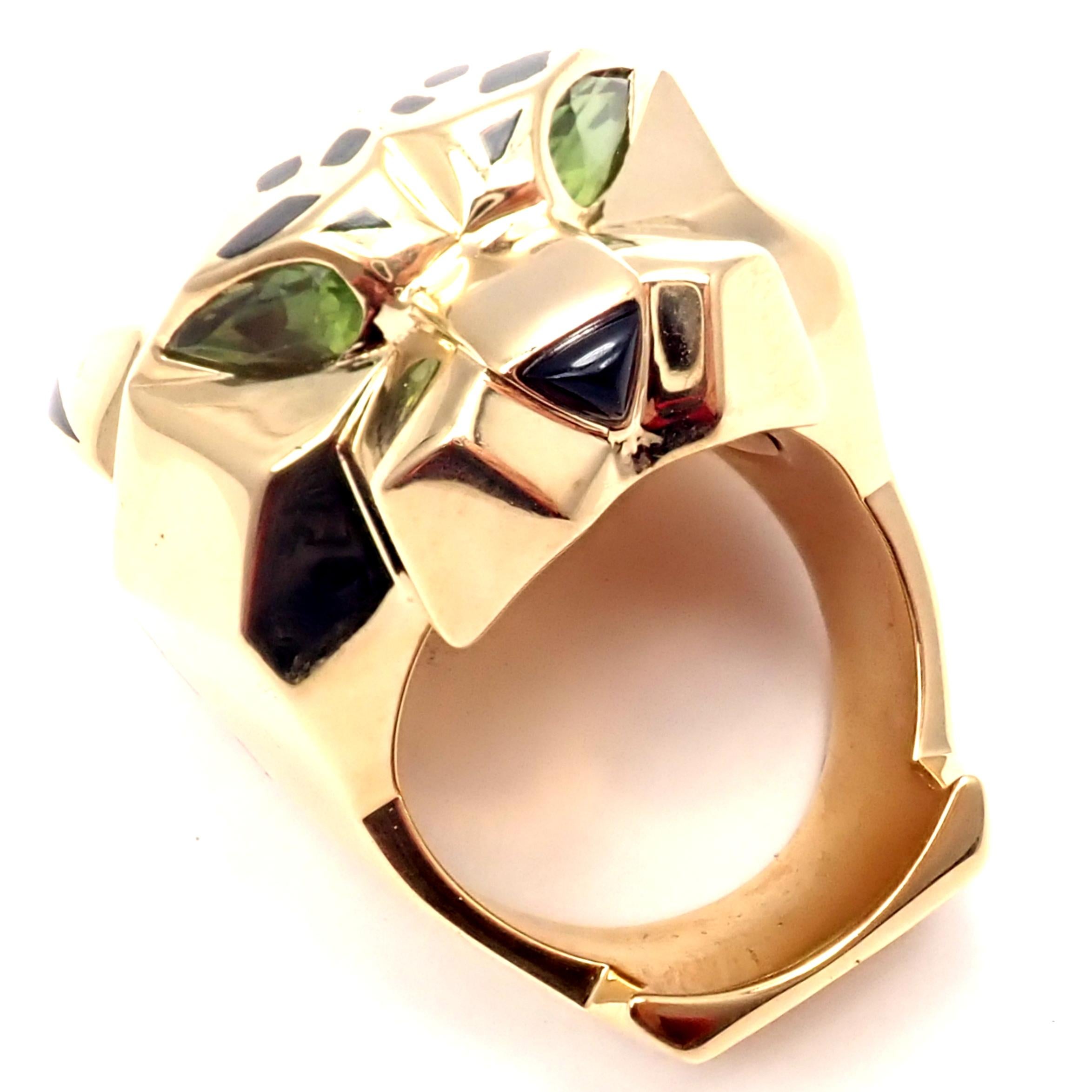 Women's or Men's Cartier Panther Panthere Peridot Onyx Lacquer Yellow Gold Large Ring