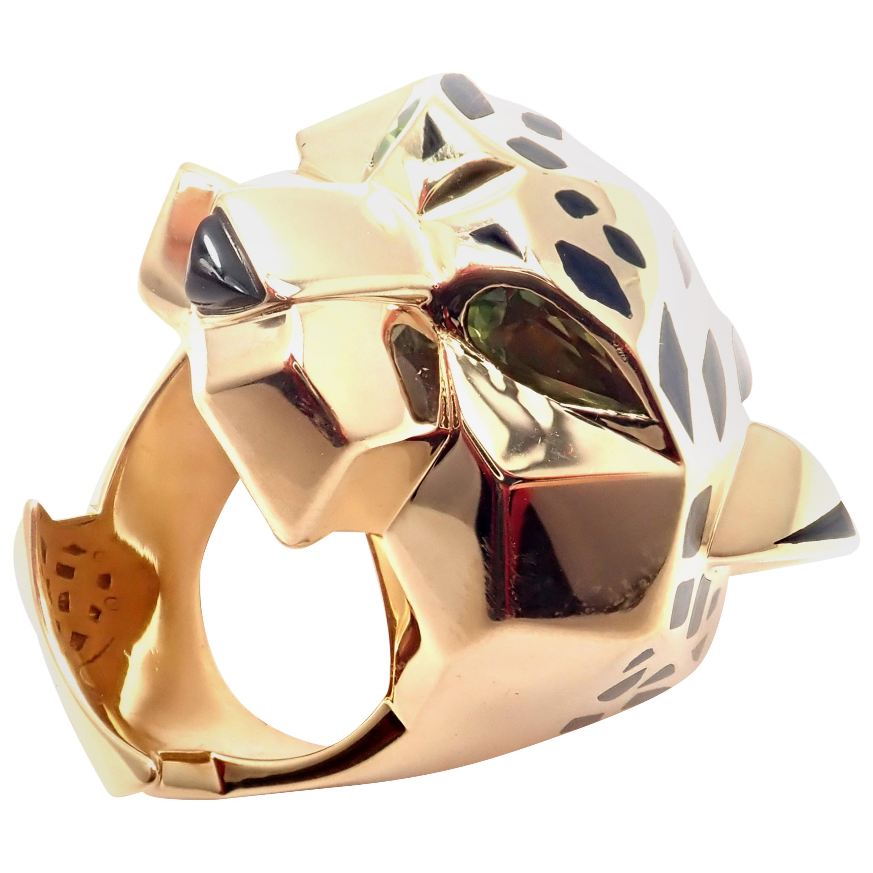 Cartier Panther Panthere Peridot Onyx Lacquer Yellow Gold Large Ring