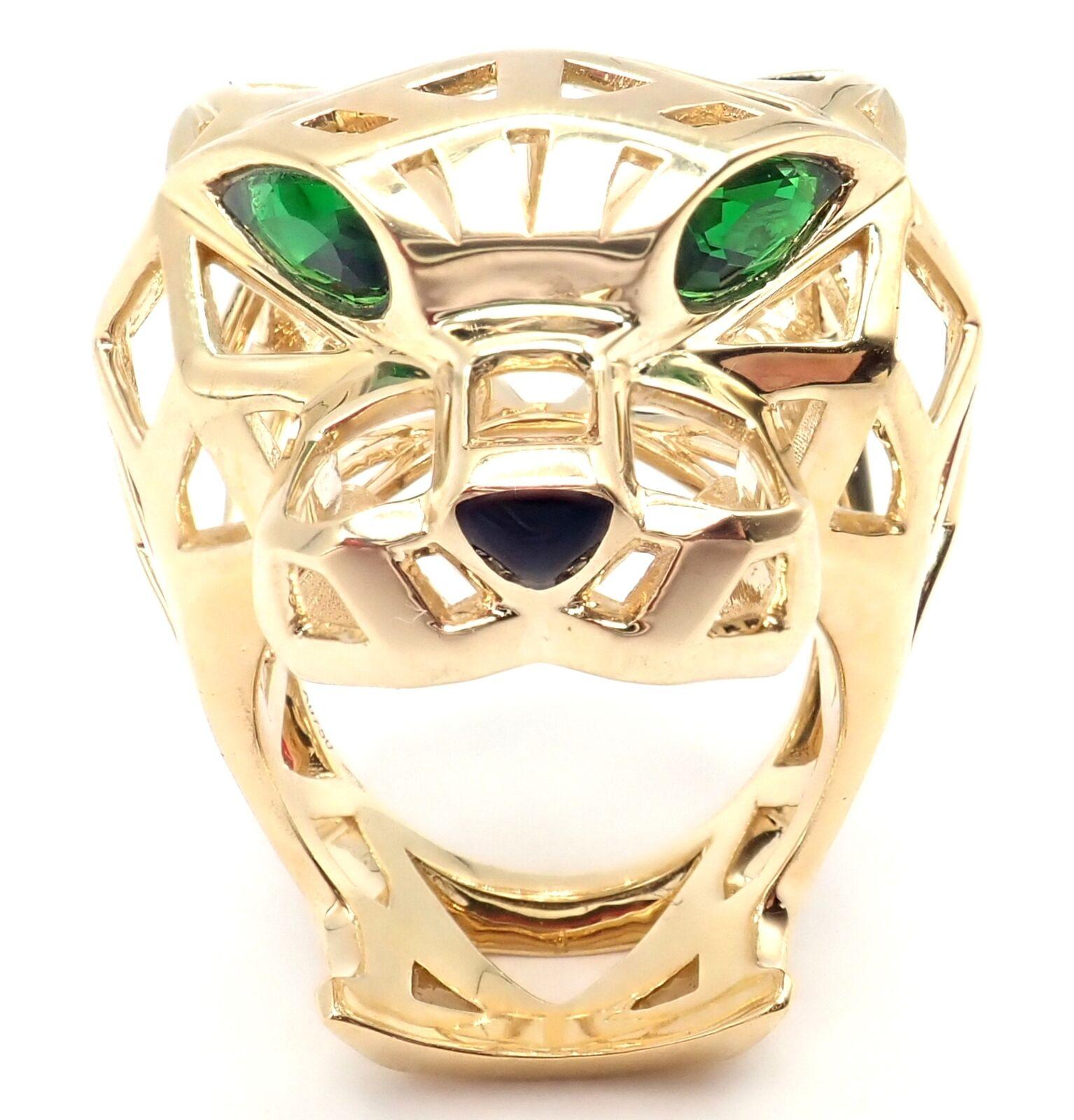 18k Yellow Gold Panther Tsavorite, Onyx Large Ring by Cartier. 
From Cartier's 