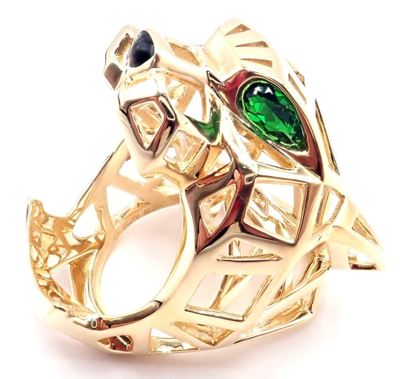 Pear Cut Cartier Panther Panthere Tsavorite Onyx Yellow Gold Large Ring For Sale