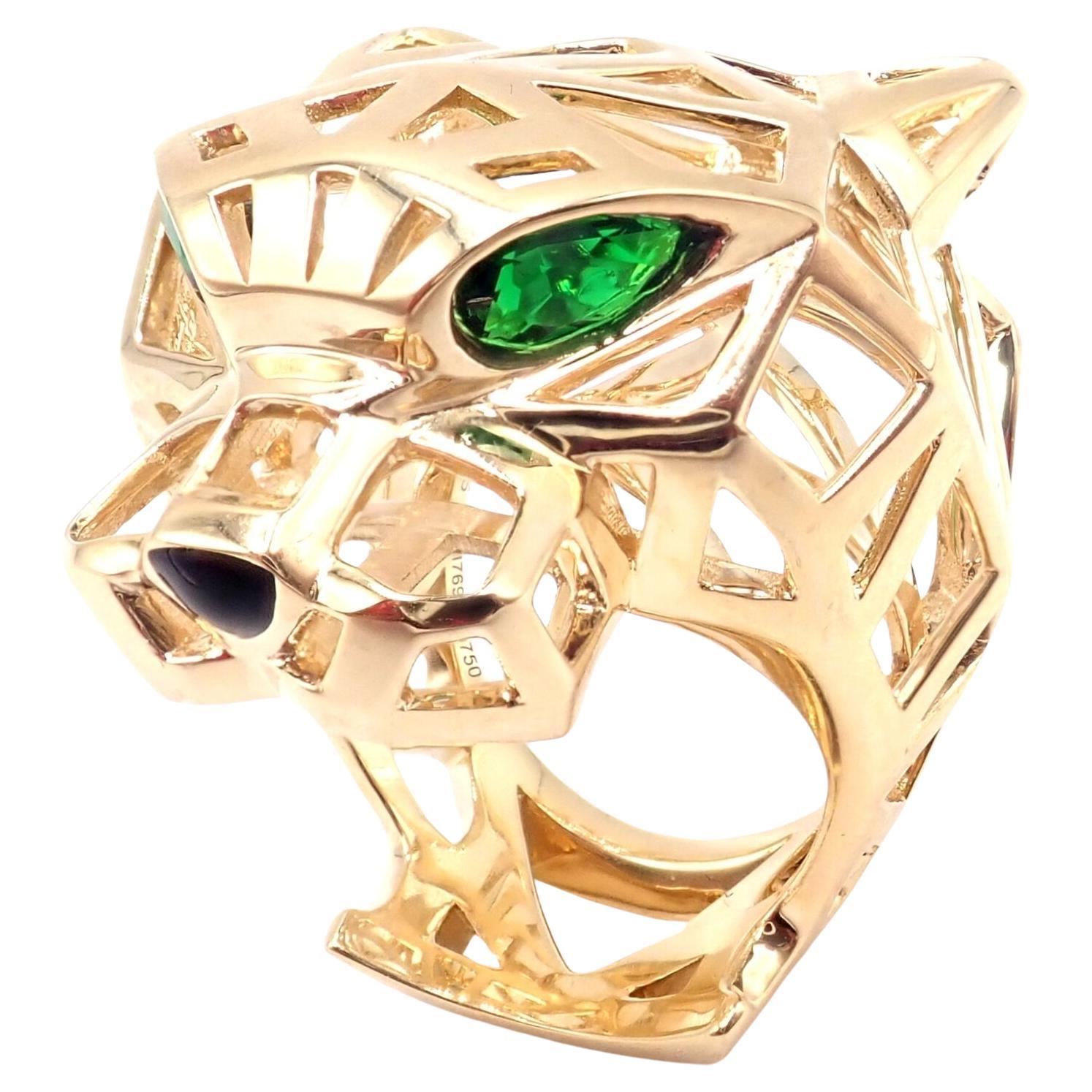 Cartier Panther Panthere Tsavorite Onyx Yellow Gold Large Ring For Sale