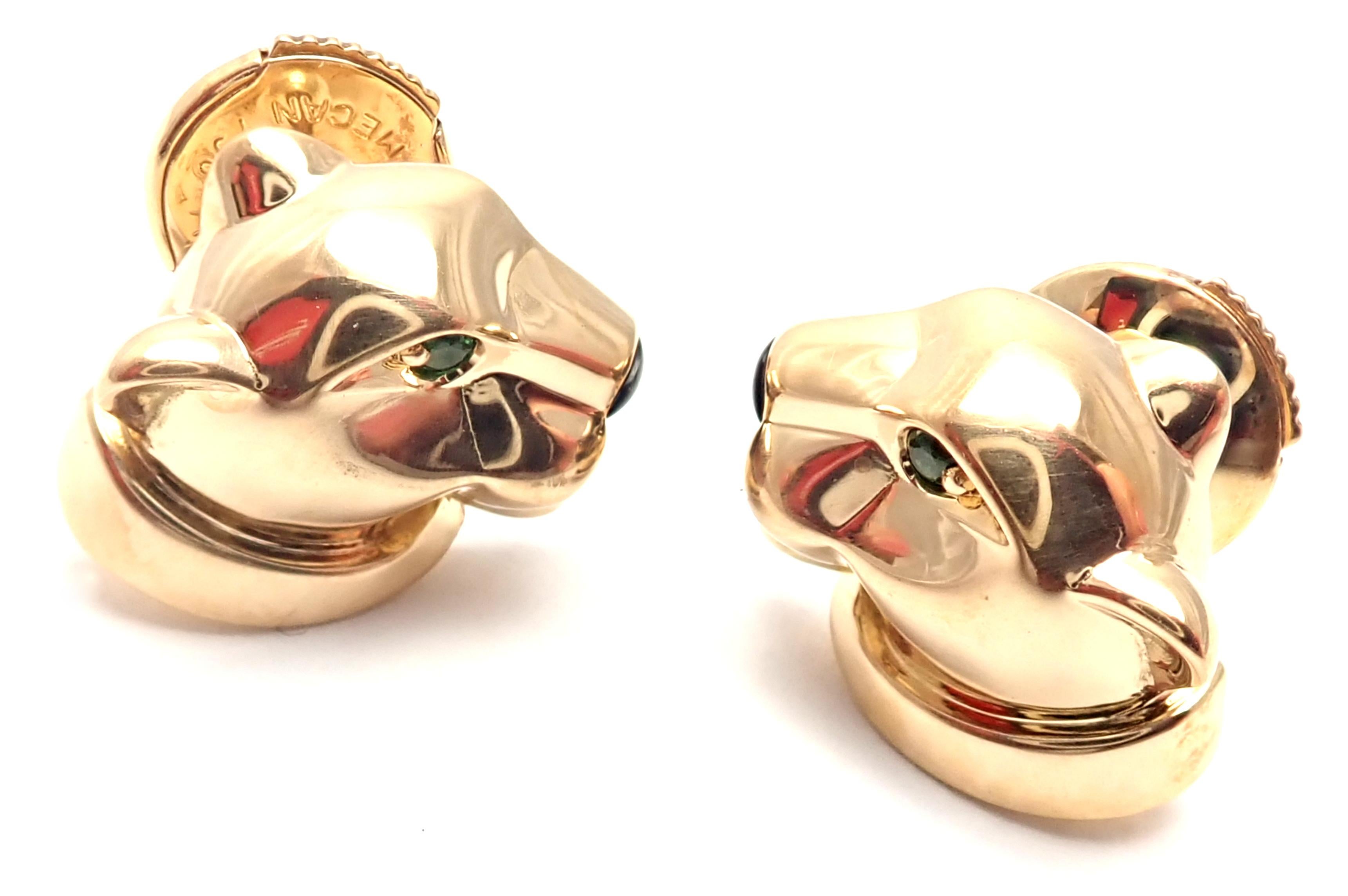 18k Yellow Gold Tsavorite Garnets Black Onyx Panther Stud Earrings by Cartier. 
Earrings are made for pierced ears.
With 2 round tsavorite garnets in the eyes
2 onyx in the noses
Details:
Weight: 7.8 grams
Measurements: 9.5mm x 12.5mm
Stamped