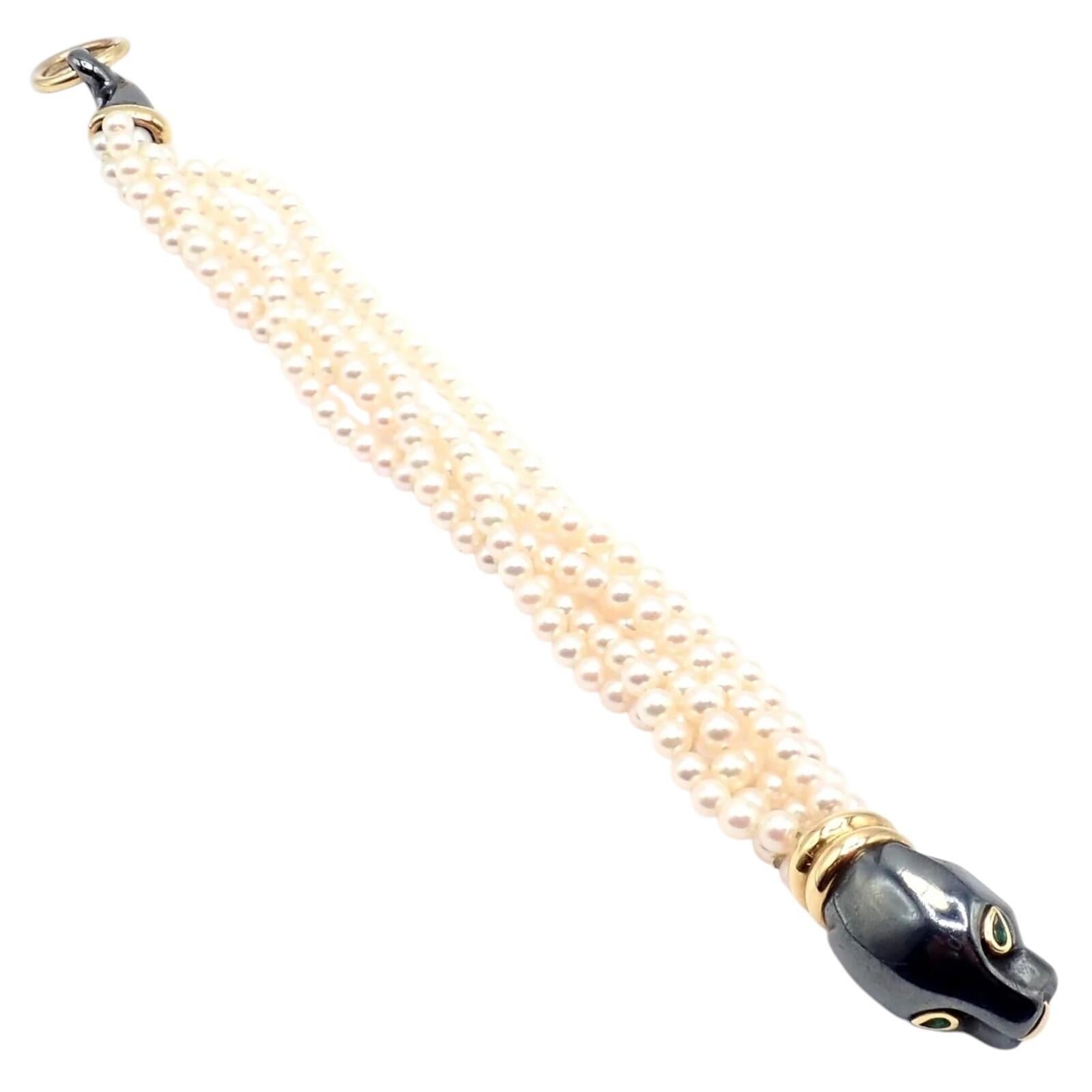Round Cut Cartier Panther Panthere Yellow Gold & Silverium Emerald Pearl Bracelet For Sale