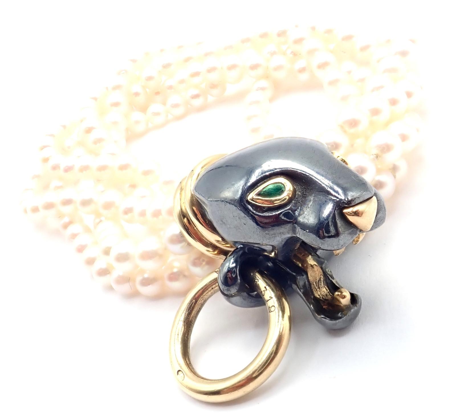 Women's Cartier Panther Panthere Yellow Gold & Silverium Emerald Pearl Bracelet For Sale
