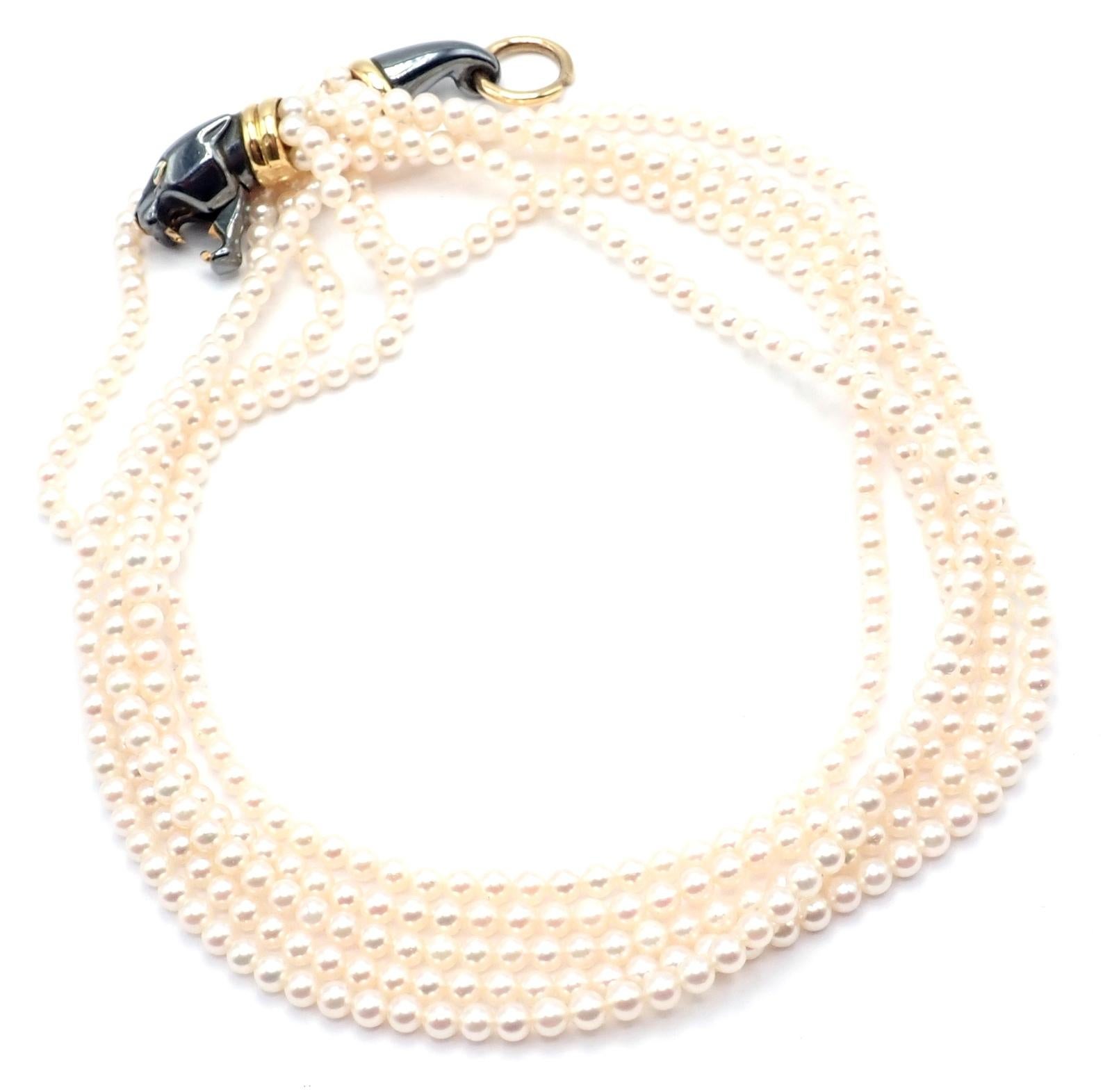 Cartier Panther Panthere Yellow Gold & Silverium Pendant Pearl Necklace In Excellent Condition For Sale In Holland, PA