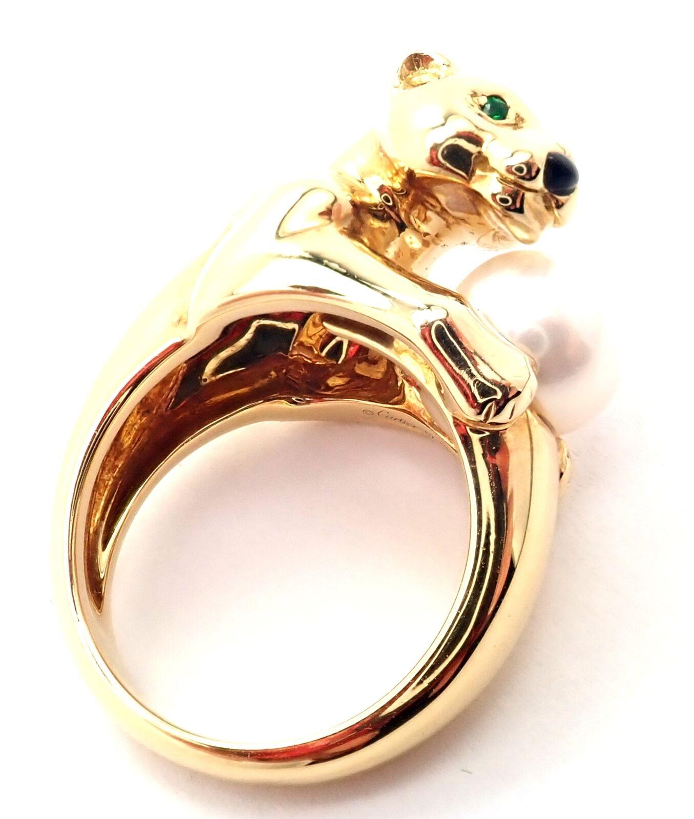 Brilliant Cut Cartier Panther Pearl Onyx Emerald Yellow Gold Ring