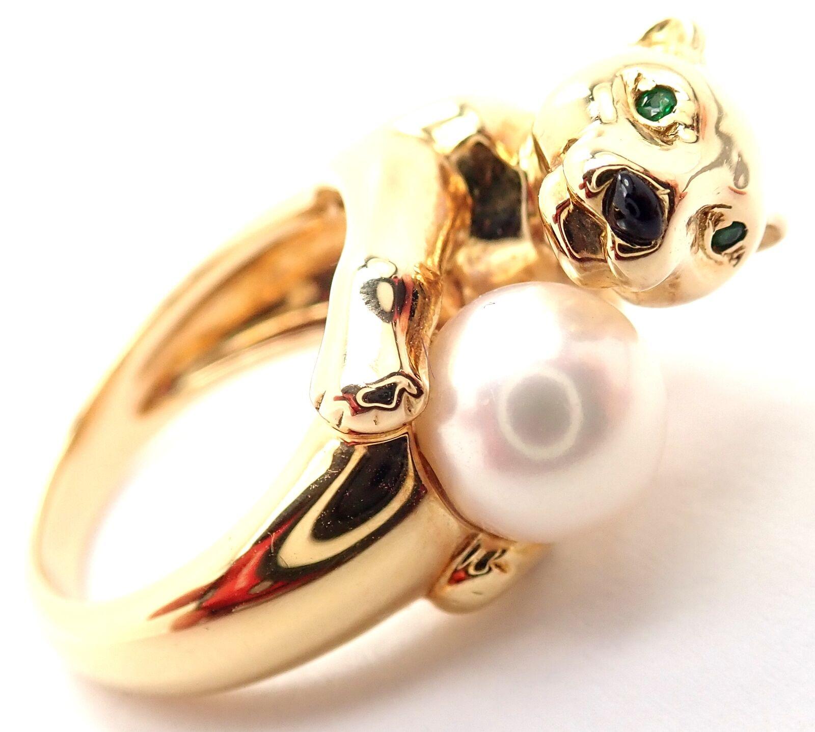 Cartier Panther Pearl Onyx Emerald Yellow Gold Ring In Excellent Condition In Holland, PA