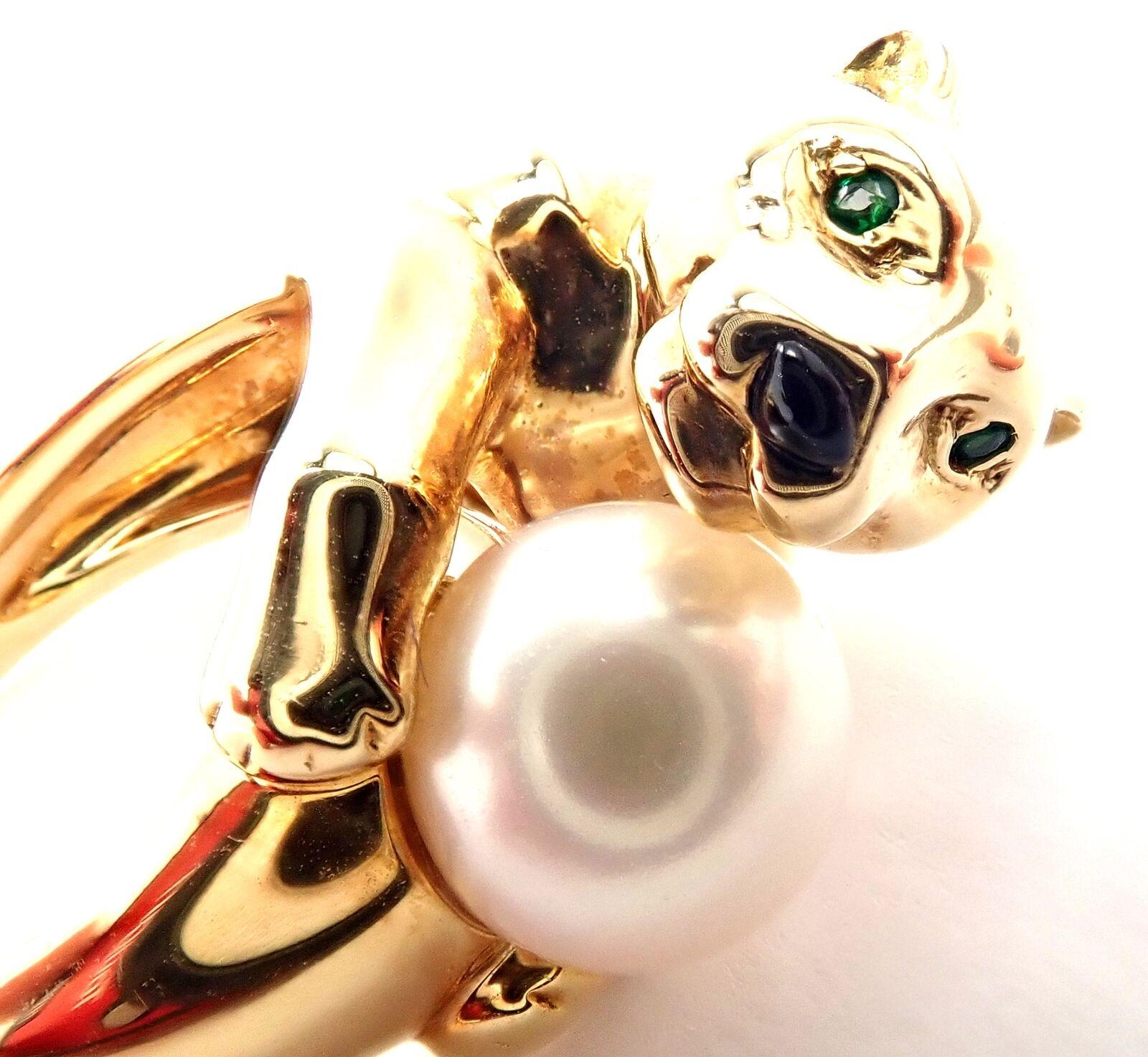 Women's or Men's Cartier Panther Pearl Onyx Emerald Yellow Gold Ring