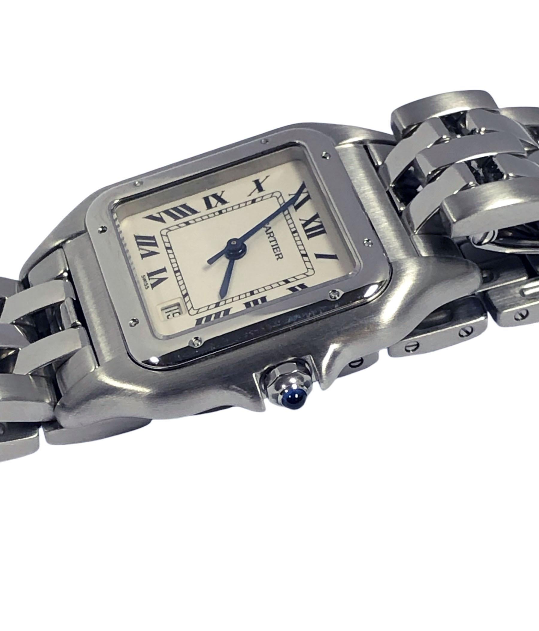Circa 2015 Cartier reference 1310 Classic Panther Wrist watch, 36 X 27 MM Stainless Steel case, Quartz Movement, White Dial with Black Roman Numerals, Calendar window at the 5 position, sweep seconds hand, scratch resistant Glass crystal and a