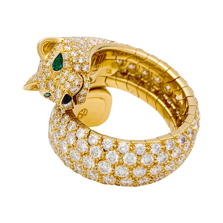 Cartier Panther Ring, Diamonds, Emeralds and Onyx at 1stDibs