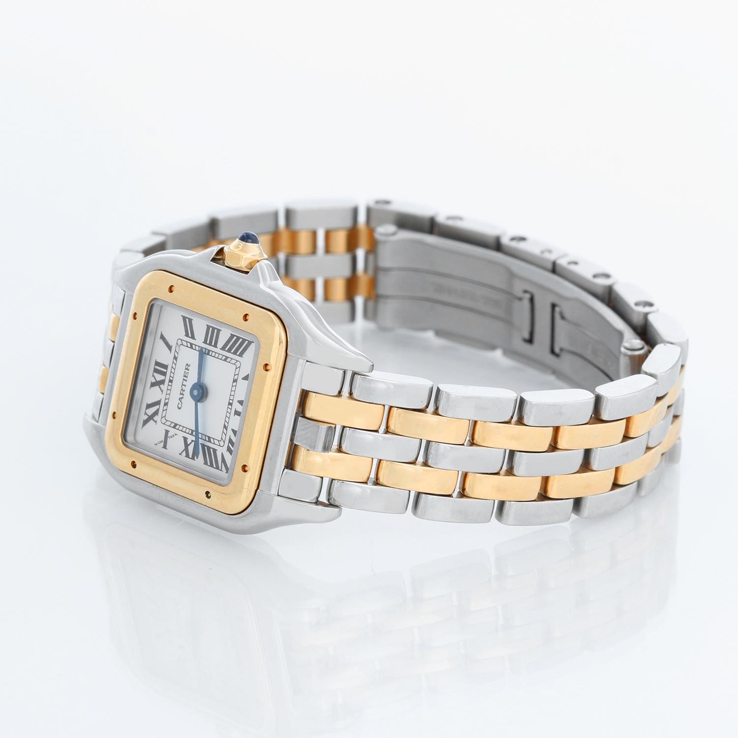 Cartier Panther Small 2-Tone Steel & Gold Panthere Watch 4023 - Quartz. Stainless steel case with 18k yellow gold bezel (22mm x 30mm). White colored dial with black Roman numerals. Stainless steel Panthere bracelet with 2-row of 18k yellow gold