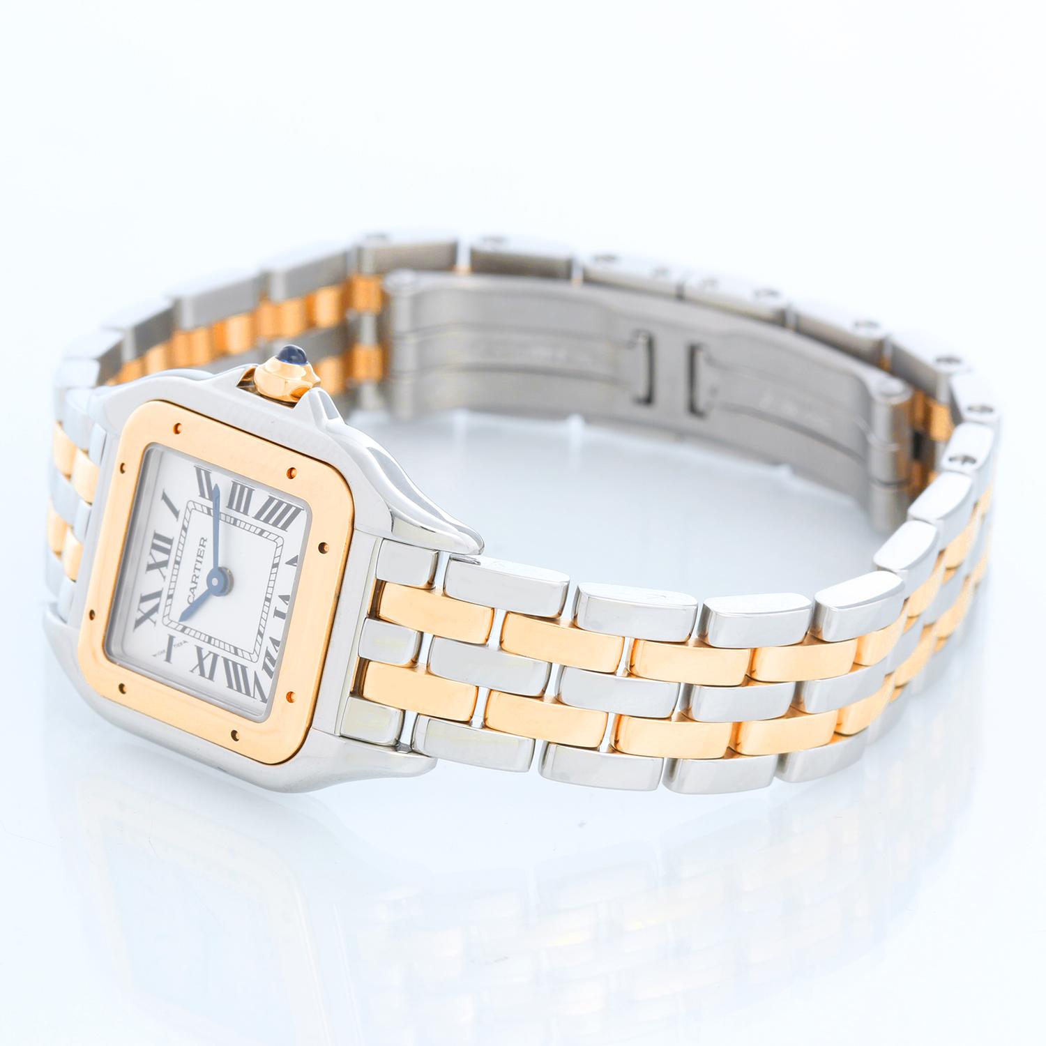 Cartier Panther Small 2-Tone Steel & Gold Panthere Watch 4023 - Quartz. Stainless steel case with 18k yellow gold bezel (22mm x 30mm). White colored dial with black Roman numerals. Stainless steel Panthere bracelet with 2-row of 18k yellow gold