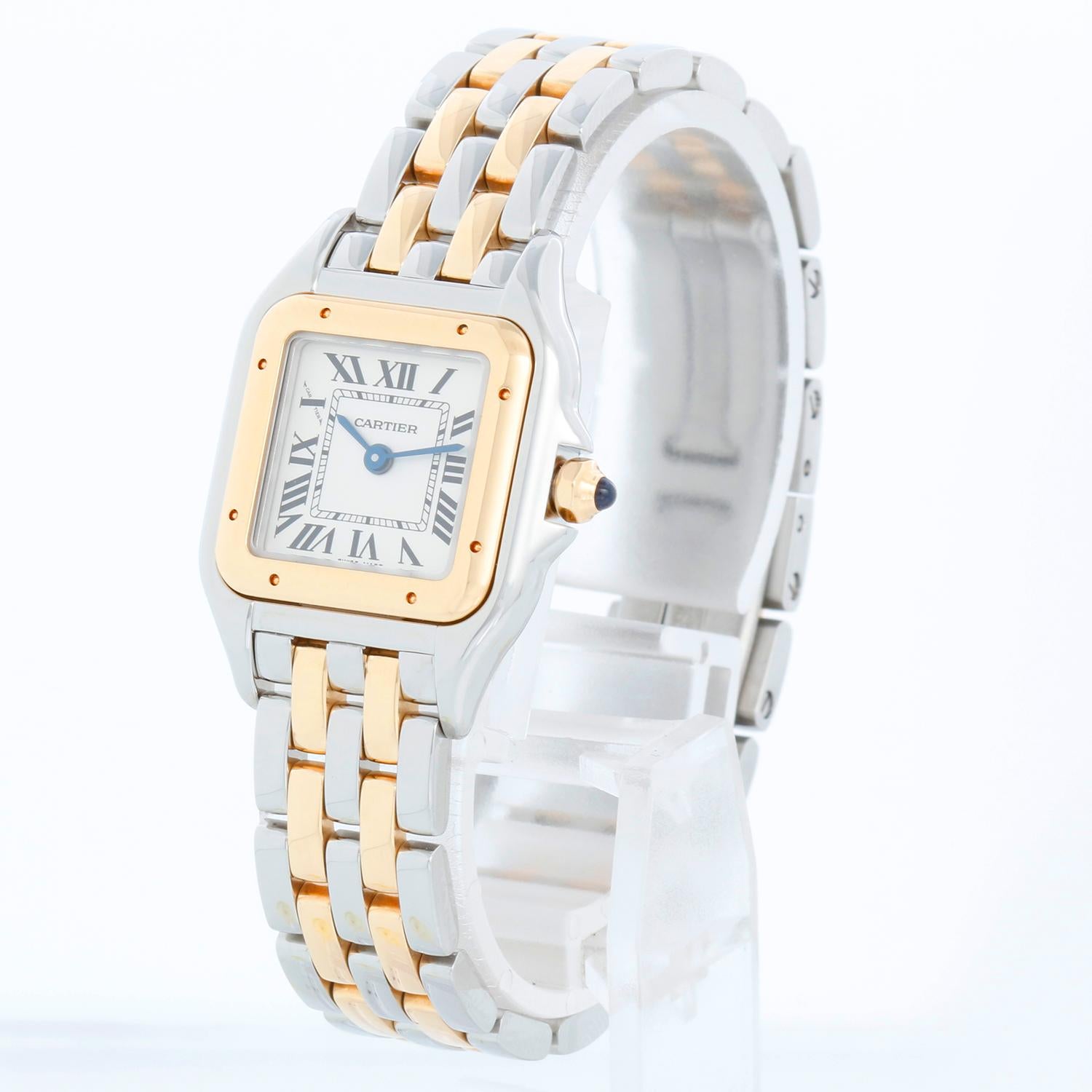 Cartier Panther Small 2-Tone Steel & Gold Panthere Watch 4023 - Quartz. Stainless steel case with 18k yellow gold bezel (22mm x 30mm). Silver colored dial with black Roman numerals. Stainless steel Panthere bracelet with 2-row of 18k yellow gold
