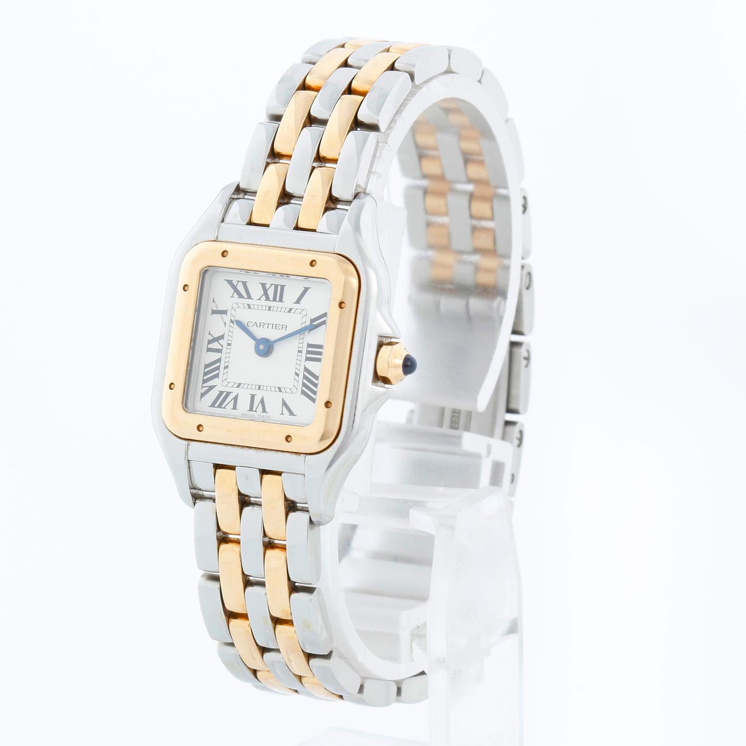 Cartier Panther Small 2-Tone Steel & Gold Panthere Watch 4023 W2PN0006 - Quartz. Stainless steel case with 18k yellow gold bezel (22mm x 30mm). Silver colored dial with black Roman numerals. Stainless steel Panthere bracelet with 2-row of 18k yellow