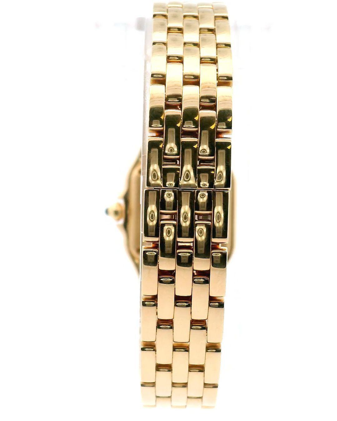 Cartier Panthere WGPN0008 Damenuhr. 23,1 mm 18K Gelbgold Gehäuse mit 18K Gelbgold Lünette. Weißes Zifferblatt mit blauen Stahlzeigern und schwarzen Indexen mit römischen Ziffern. Minutenmarkierungen auf dem inneren Zifferblatt. Armband aus 18 Karat