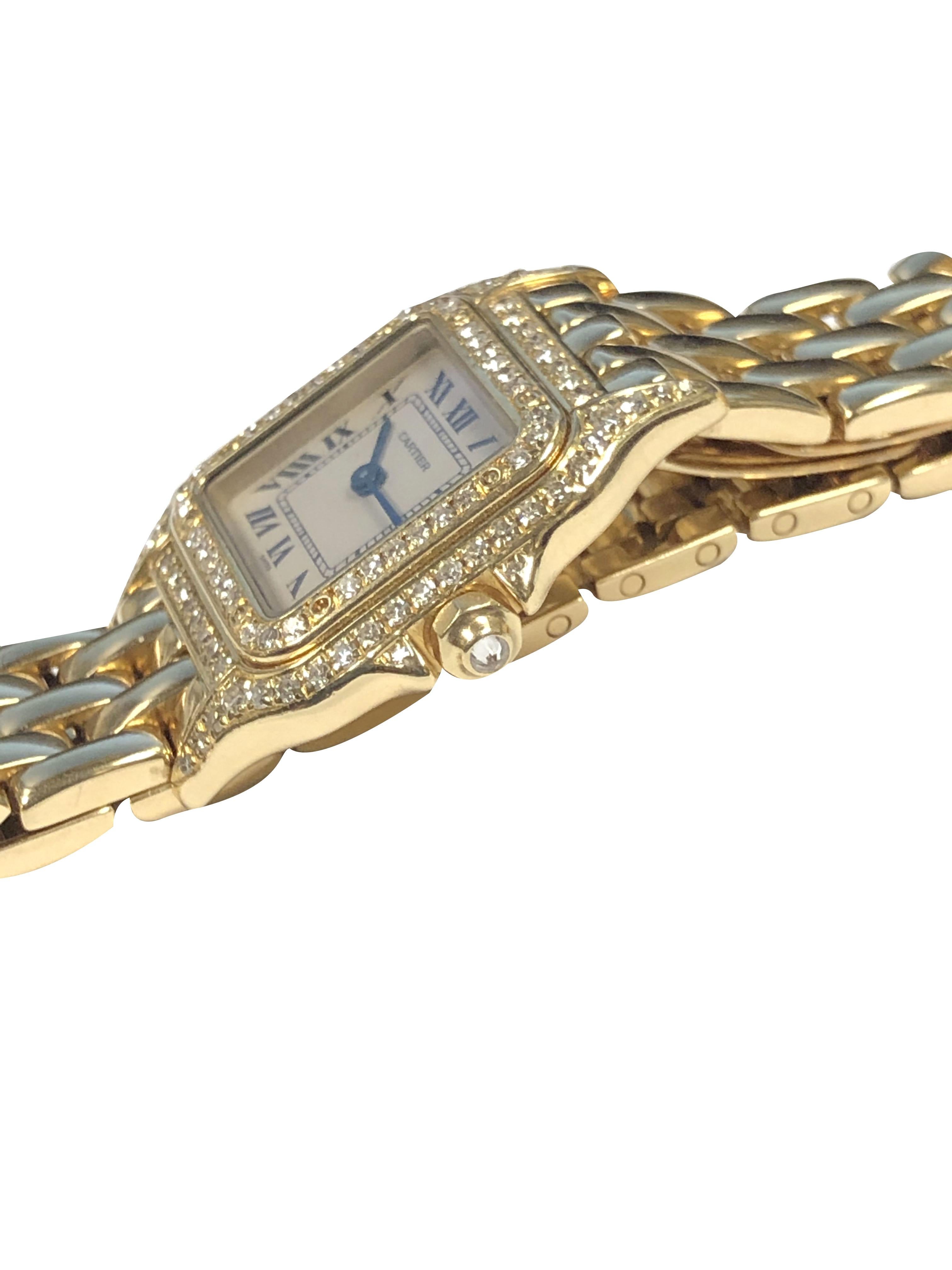 Circa 2000 Cartier Panther Collection ladies Bracelet Wrist watch, 30 X 22 M.M. 18K yellow Gold 2 Piece water resistant case, With Cartier factory set Double Row of Diamonds on the Bezel, case and top of lugs. Diamond set crown, Quartz movement,