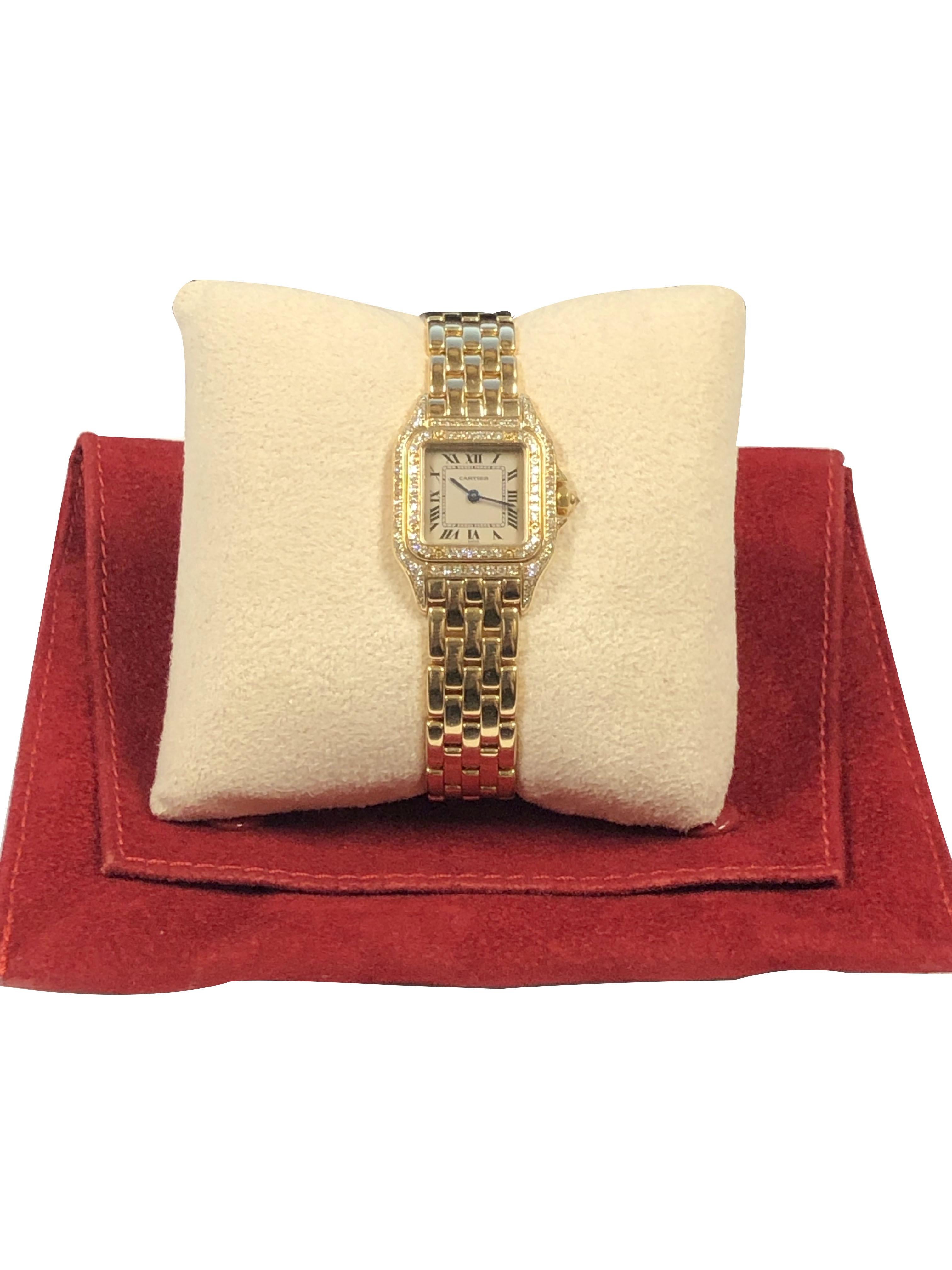 Women's or Men's Cartier Panther Yellow Gold and Diamonds Ladies Quartz Bracelet Watch