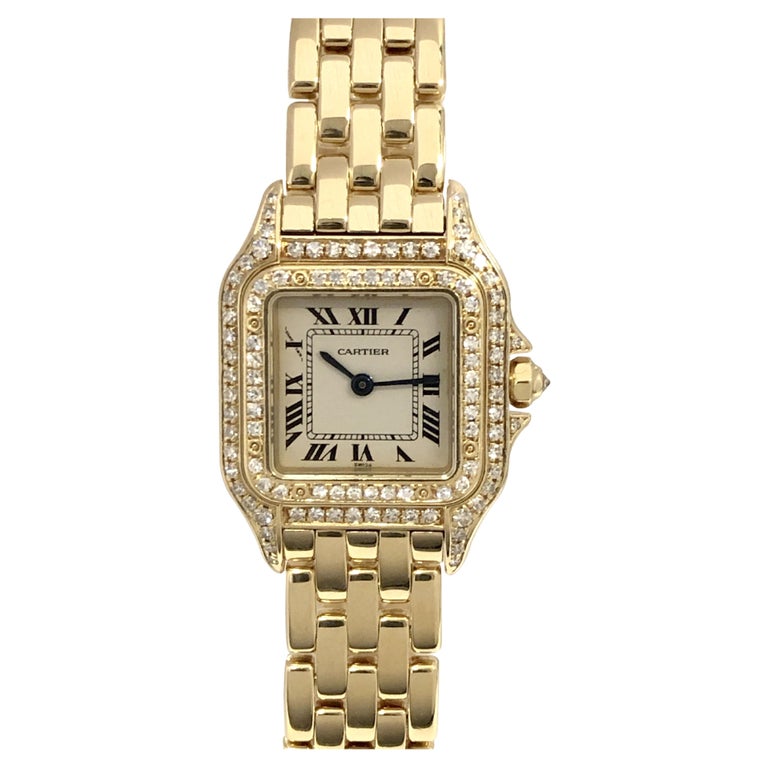 Cartier Damen-Quarz-Armbanduhr, Panther Gelbgold und Diamanten im Angebot  bei 1stDibs