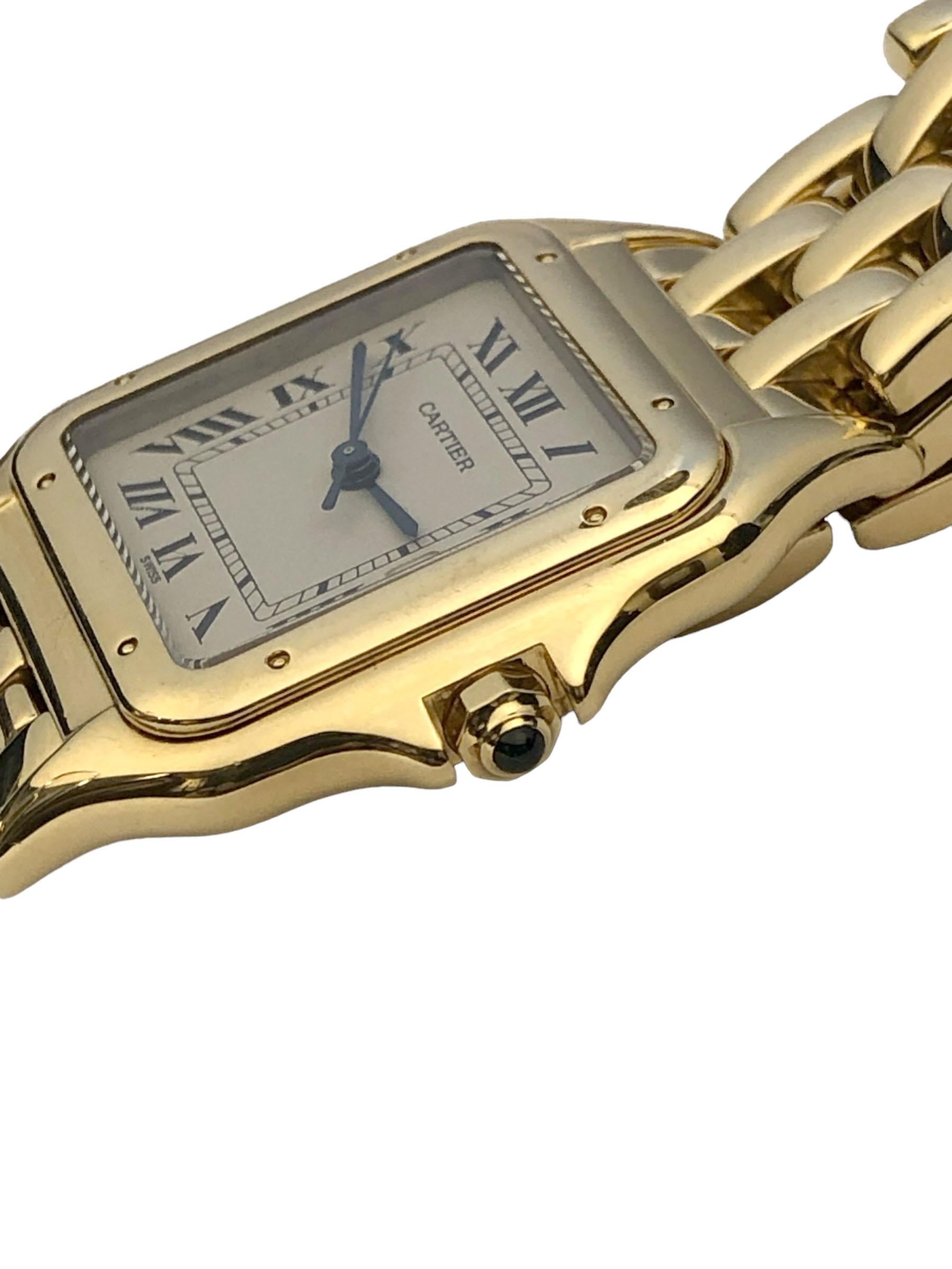 Circa 2000 Cartier Panther collection Montre-bracelet, 29 x 29 M.M. 18k Yellow Gold 3 piece case, Quartz movement, Sapphire Crown, white dial with Black Roman numerals, calendar window at the 3 position and a sweep seconds hand. Bracelet Panther à