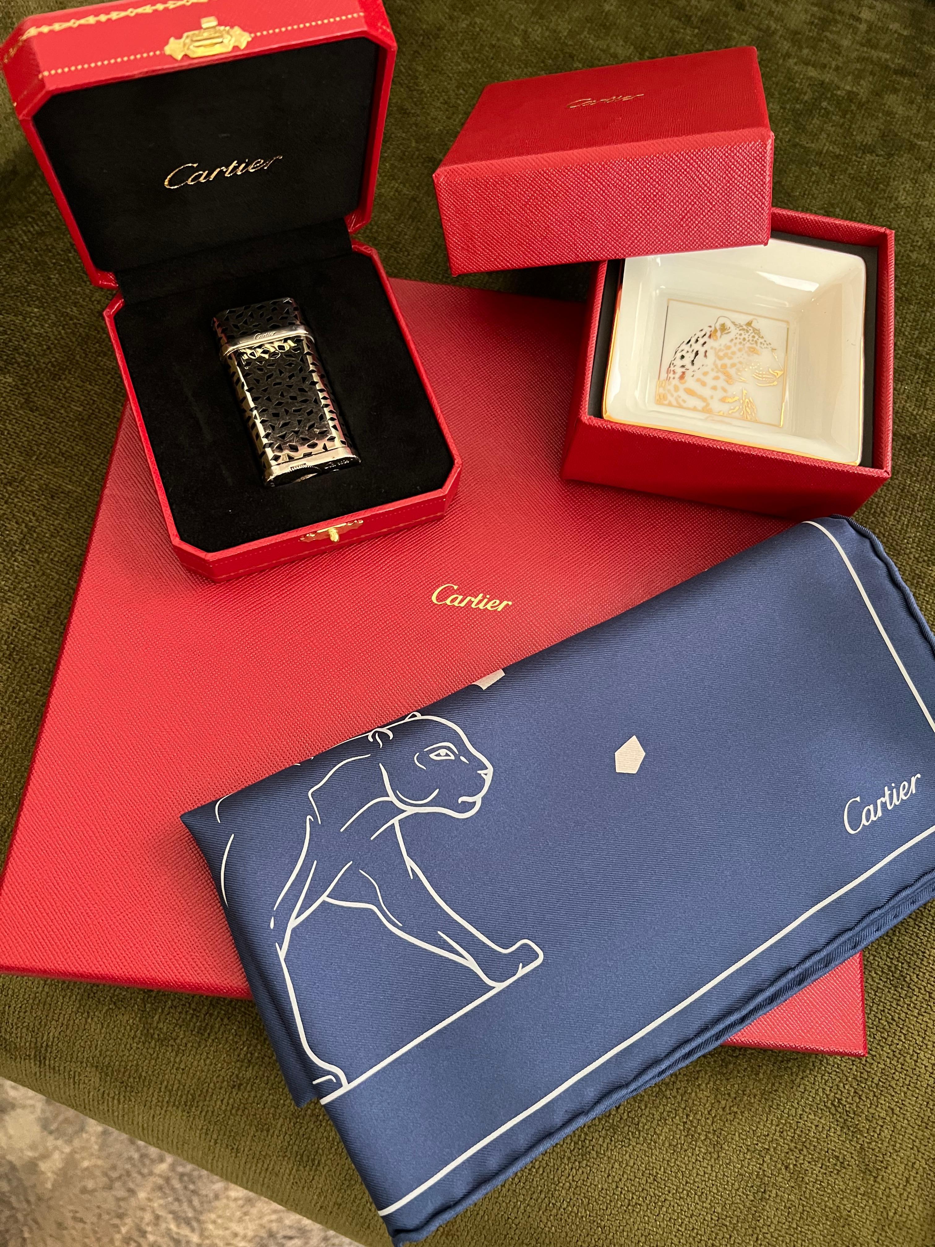 Cartier “Panthera“ Set of Lighter, Ashtray & Silk Scarf For Sale 1