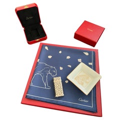 Used Cartier “Panthera“ Set of Lighter, Ashtray & Silk Scarf