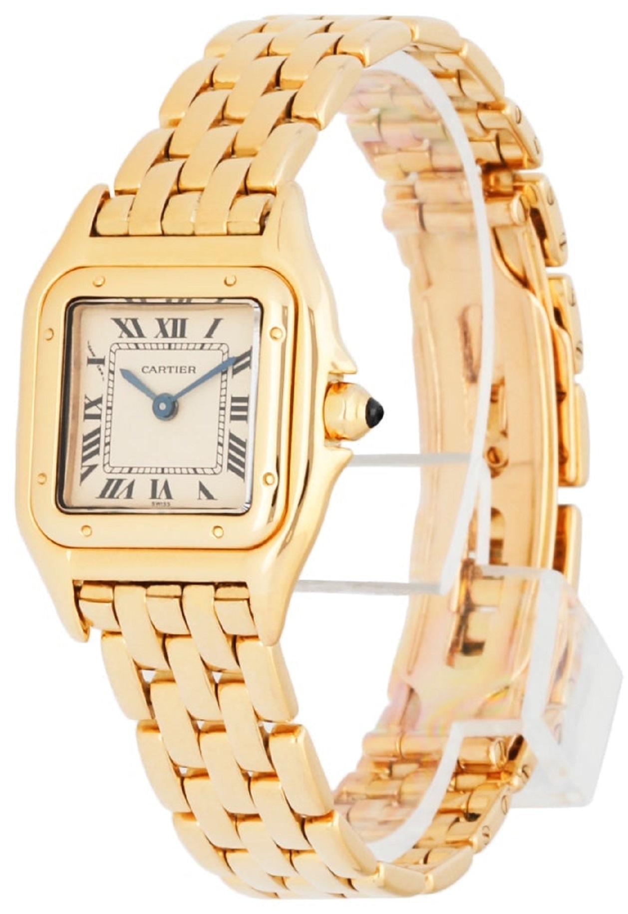Cartier Panthere 1070 Ladies Watch. 22mm 18k Yellow gold case. 18K Yellow Gold smooth bezel. Off-White dial with Blue steel hands and Roman numeral hour markers. Minute markers on the inner dial. 18K Yellow Gold Bracelet with hidden Butterfly Clasp.