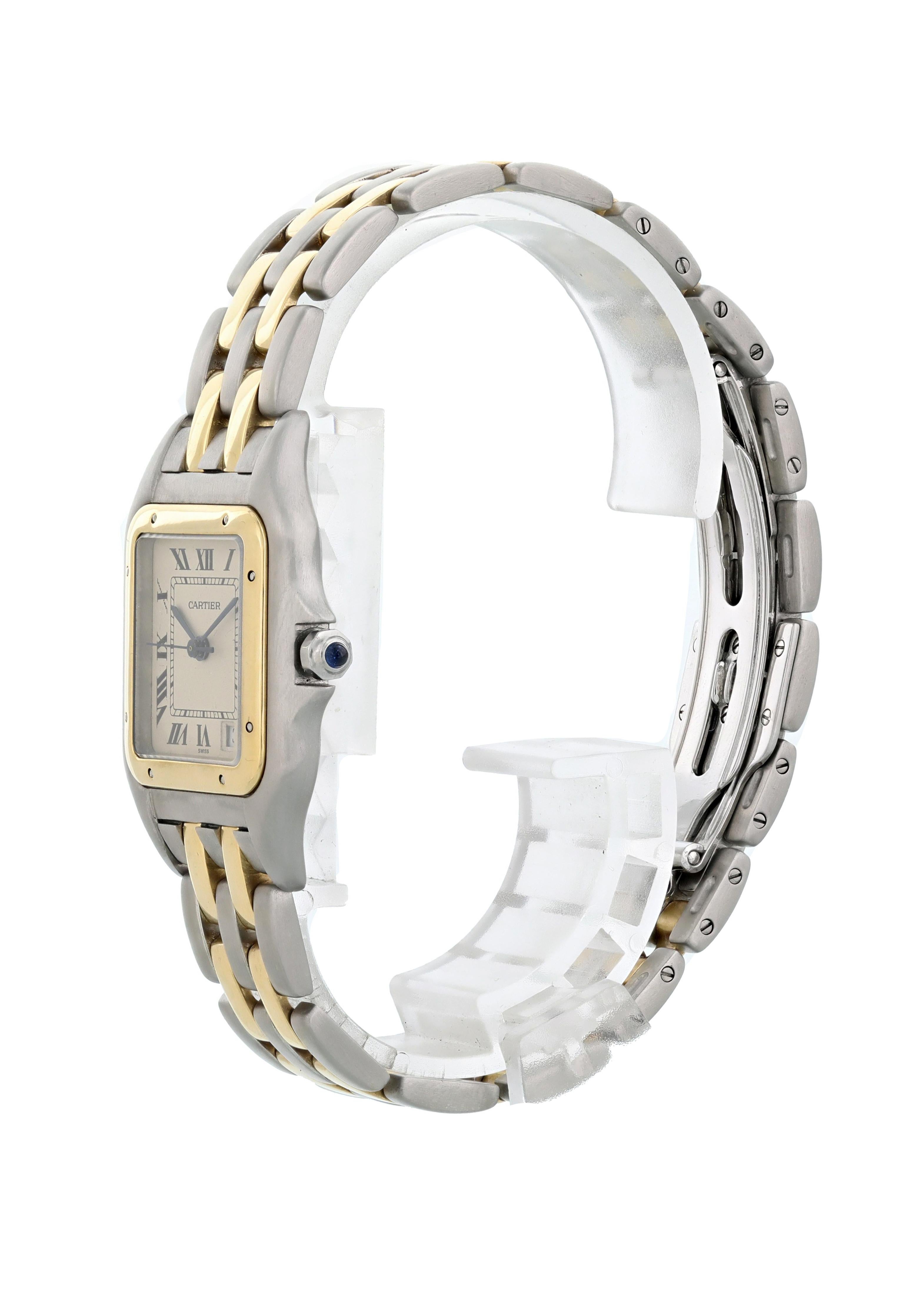 Cartier Panthere 1100 Midsize Ladies Watch. 27mm stainless steel case with an 18k yellow gold bezel. Off white dial with blue steel hands and black roman numeral hour markers. Date display at the 5 o'clock position. Stainless steel and an 18k yellow
