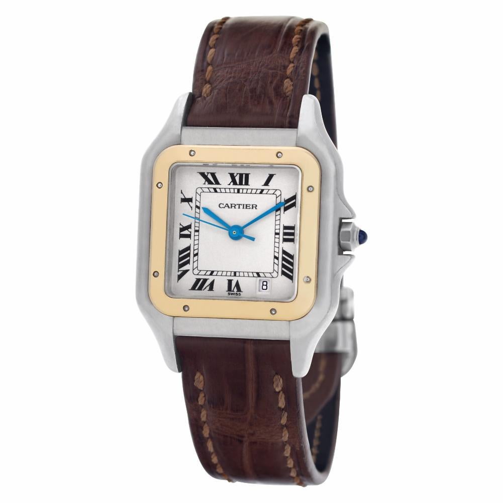 Ladies Cartier Panthere in stainless steel & 18k on brown crocodile strap with Cartier deployment buckle. Quartz w/ sweep seconds and date. 26 mm case size. Ref W25028B6. Circa 1990s. Fine Pre-owned Cartier Watch. Certified preowned Sport Cartier