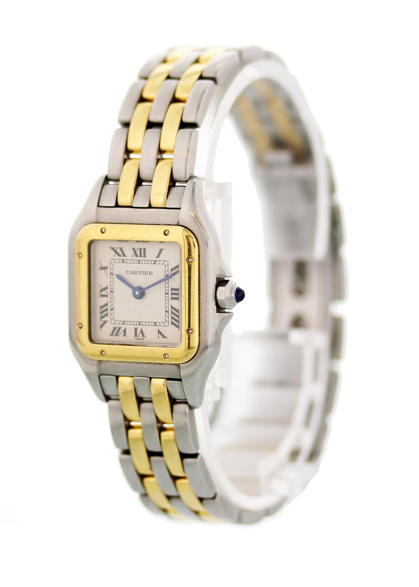 Cartier Panthere 1120 Ladies Watch. 
22mm Stainless Steel case. 
Yellow Gold Stationary bezel. 
Off-White dial with Blue steel hands and Roman numeral hour markers. 
Minute markers on the inner dial. 
Stainless Steel Bracelet with Butterfly Clasp.