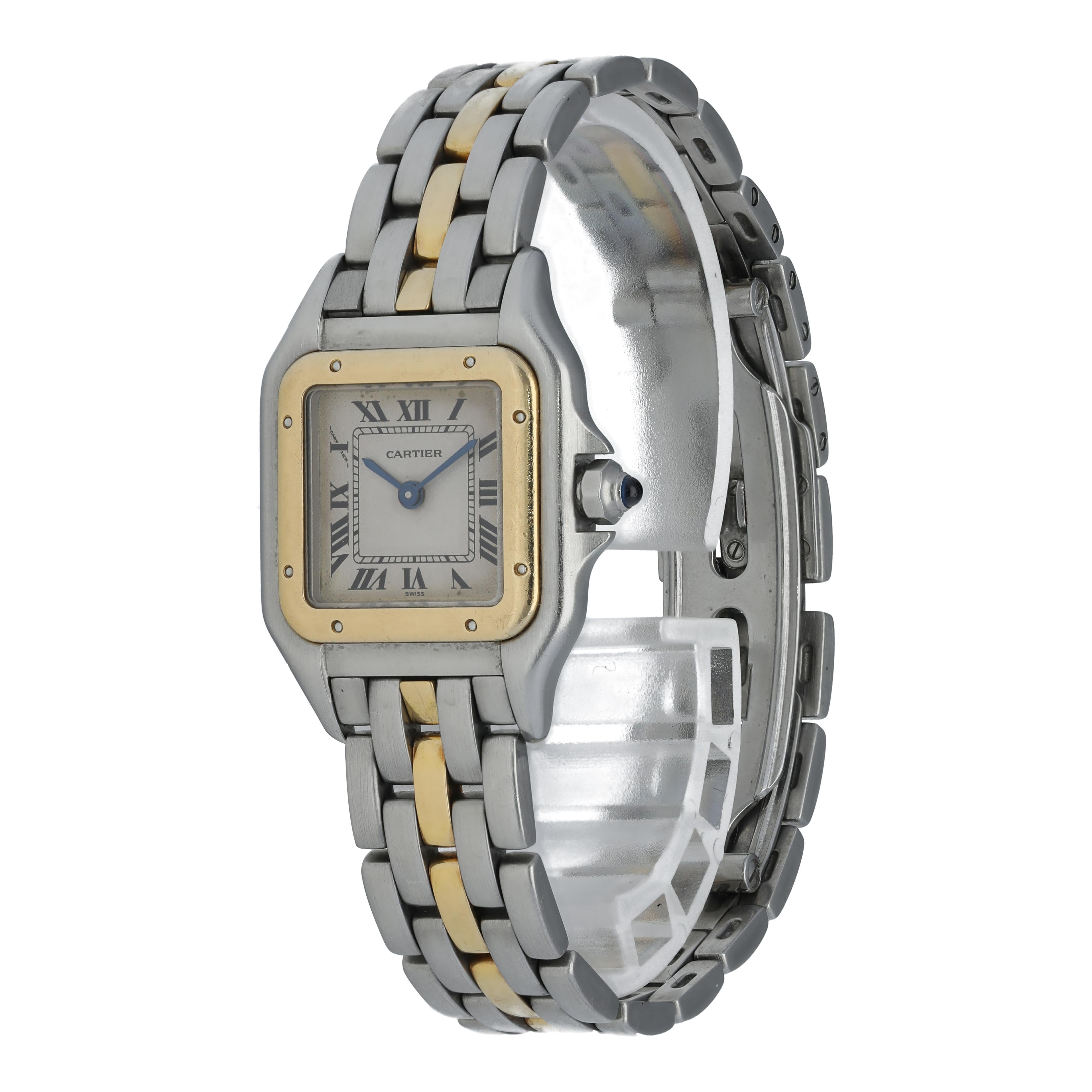 Cartier Panthere 1120 Ladies Watch.
23mm Stainless Steel case. 
Yellow Gold Stationary bezel. 
Off-White dial with Blue steel hands and Roman numeral hour markers. 
Minute markers on the inner dial. 
Stainless Steel Bracelet with Butterfly Clasp.