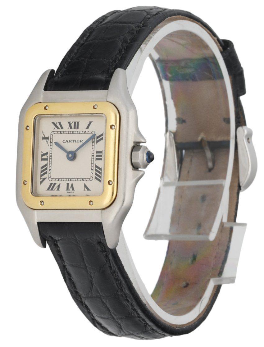 Cartier Panthere 1120 Ladies Watch. 22mm Stainless Steel case. 18K Yellow Gold fixt bezel. Off-White dial with Blue steel hands and Roman numeral hour markers. Minute markers on the inner dial. Black leather strap with stainless steel buckle. Will