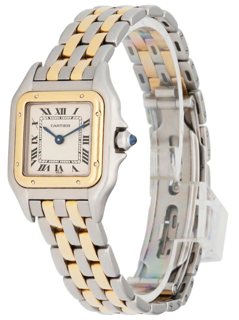 Cartier Panthere 1120 Ladies Watch. 22mm Stainless Steel case. 18K Yellow Gold bezel. Off-White dial with Blue steel hands and Roman numeral hour markers. Minute markers on the inner dial. Stainless Steel & 18K yellow gold bracelet with hidden