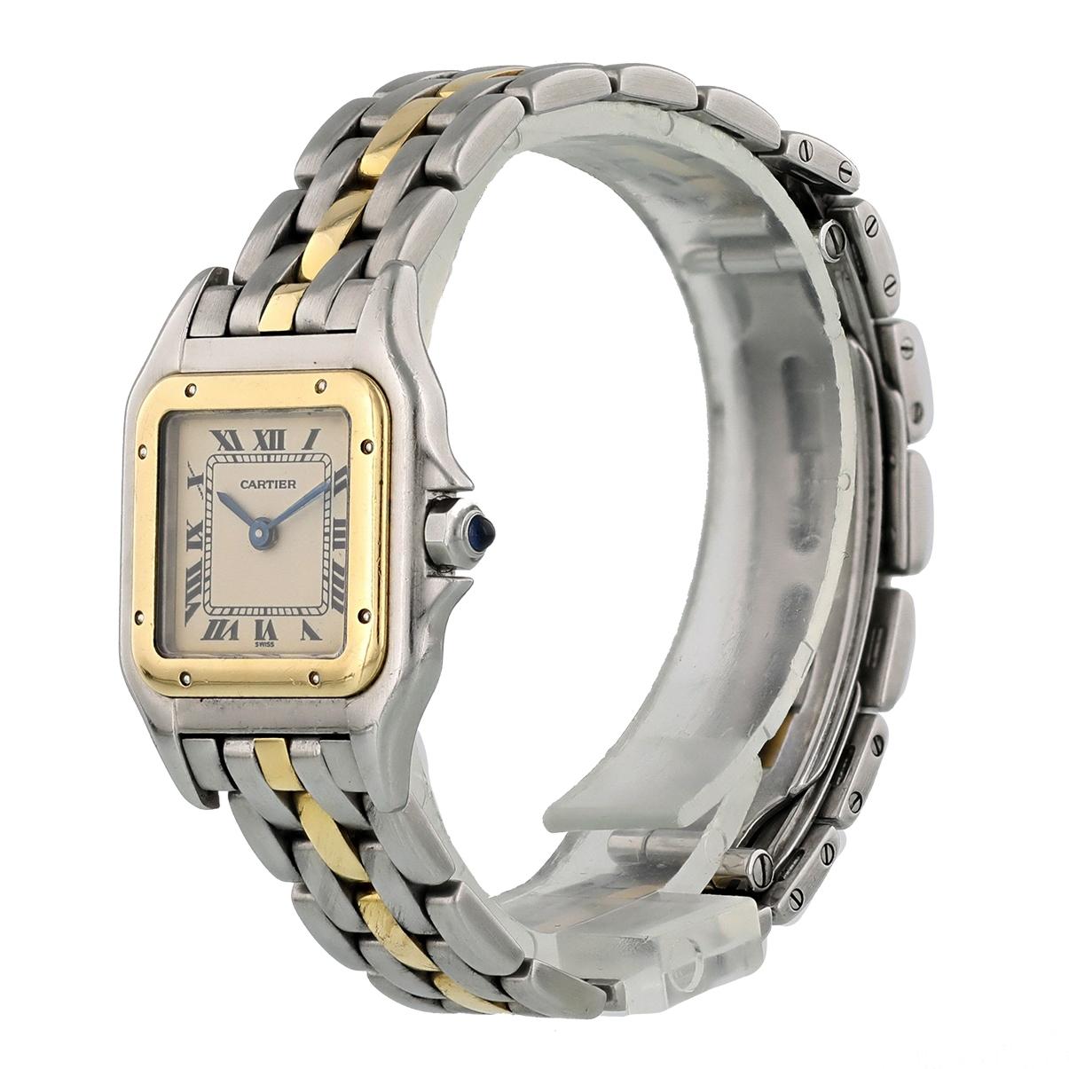 Cartier Panthere 1120 Ladies Watch. 
22mm Stainless Steel case. 
Yellow Gold Stationary bezel. 
Off-White dial with Blue steel hands and roman numeral hour markers. 
Minute markers on the inner dial. 
Two Tone Stainless Steel Bracelet with Butterfly