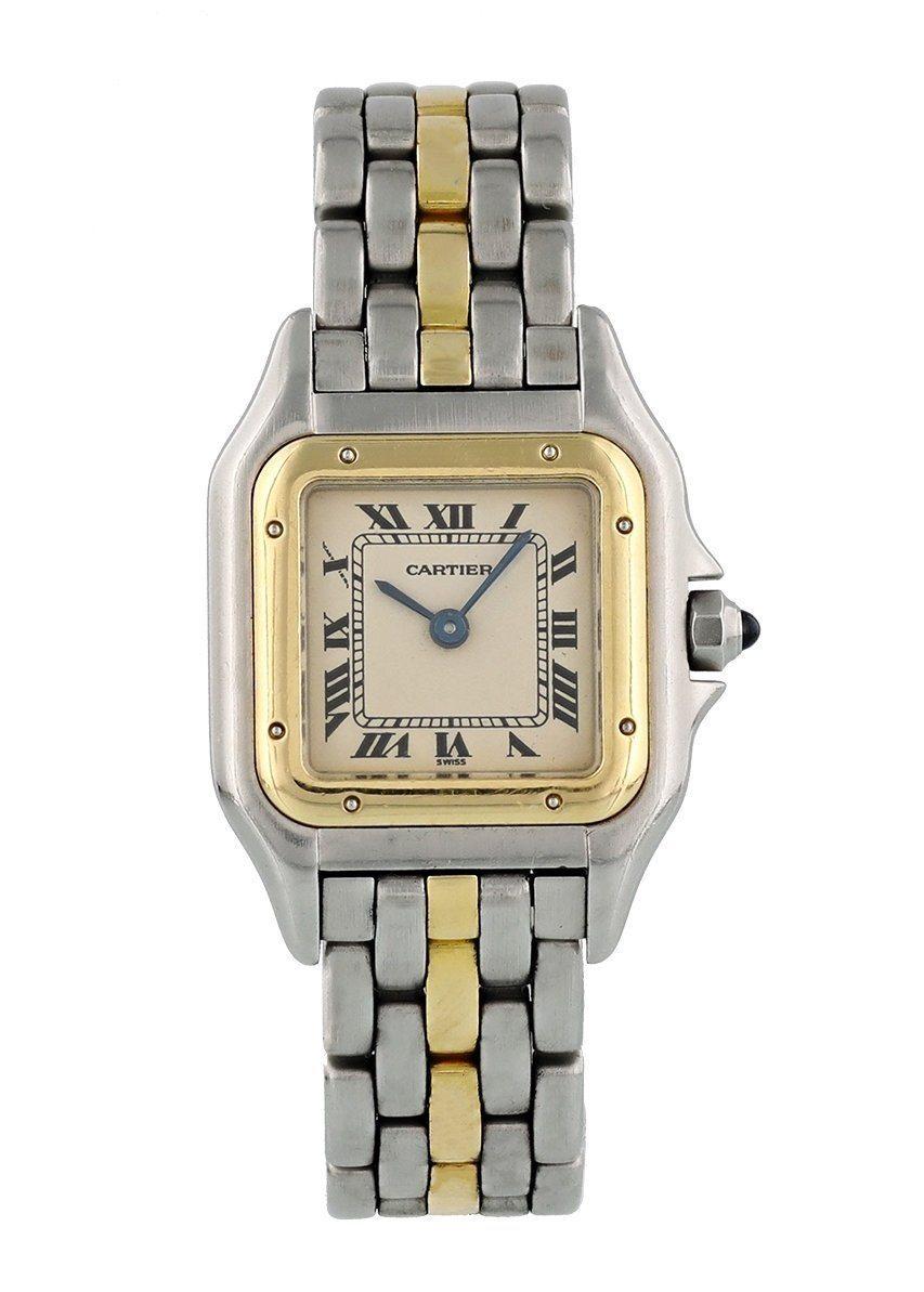  Cartier Panthere 1120 Ladies Watch. 
 22mm Stainless Steel case. 
 Yellow Gold Stationary bezel. 
 Off-White dial with Blue steel hands and roman numeral hour markers. 
 Minute markers on the inner dial. 
 Two Tone Stainless Steel Bracelet with