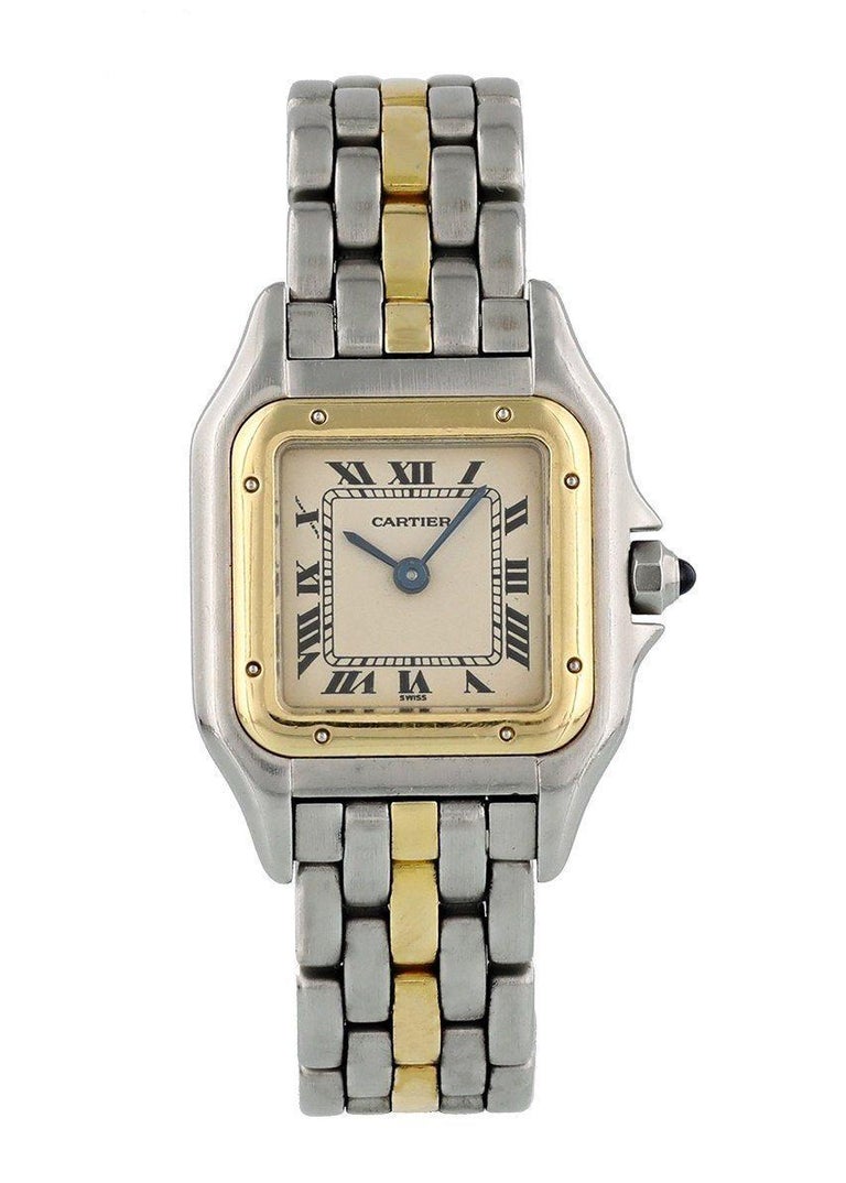  Cartier Panthere 1120 Ladies Watch. 
 22mm Stainless Steel case. 
 Yellow Gold Stationary bezel. 
 Off-White dial with Blue steel hands and roman numeral hour markers. 
 Minute markers on the inner dial. 
 Two Tone Stainless Steel Bracelet with