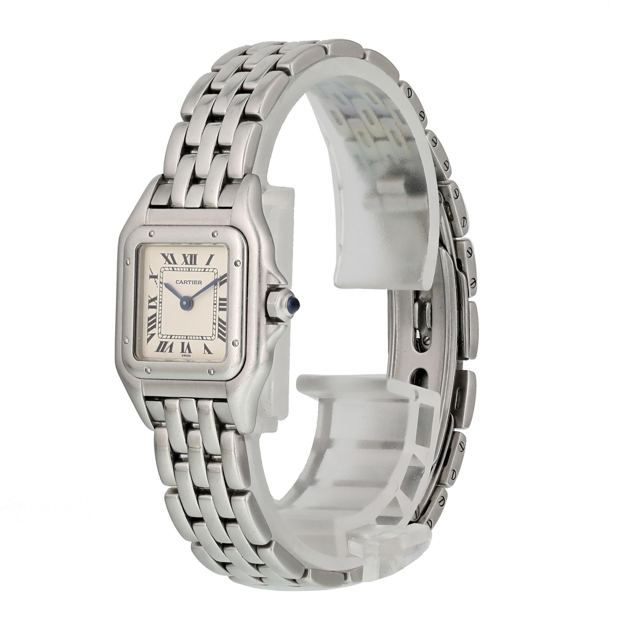 Cartier Panthere 1120 Ladies Watch. 
22mm Stainless Steel case. 
Stainless Steel Stationary bezel. 
White dial with blue steel hands and index hour markers. 
Minute markers on the inner dial. 
Stainless Steel Bracelet with Fold Over Clasp. 
Will fit