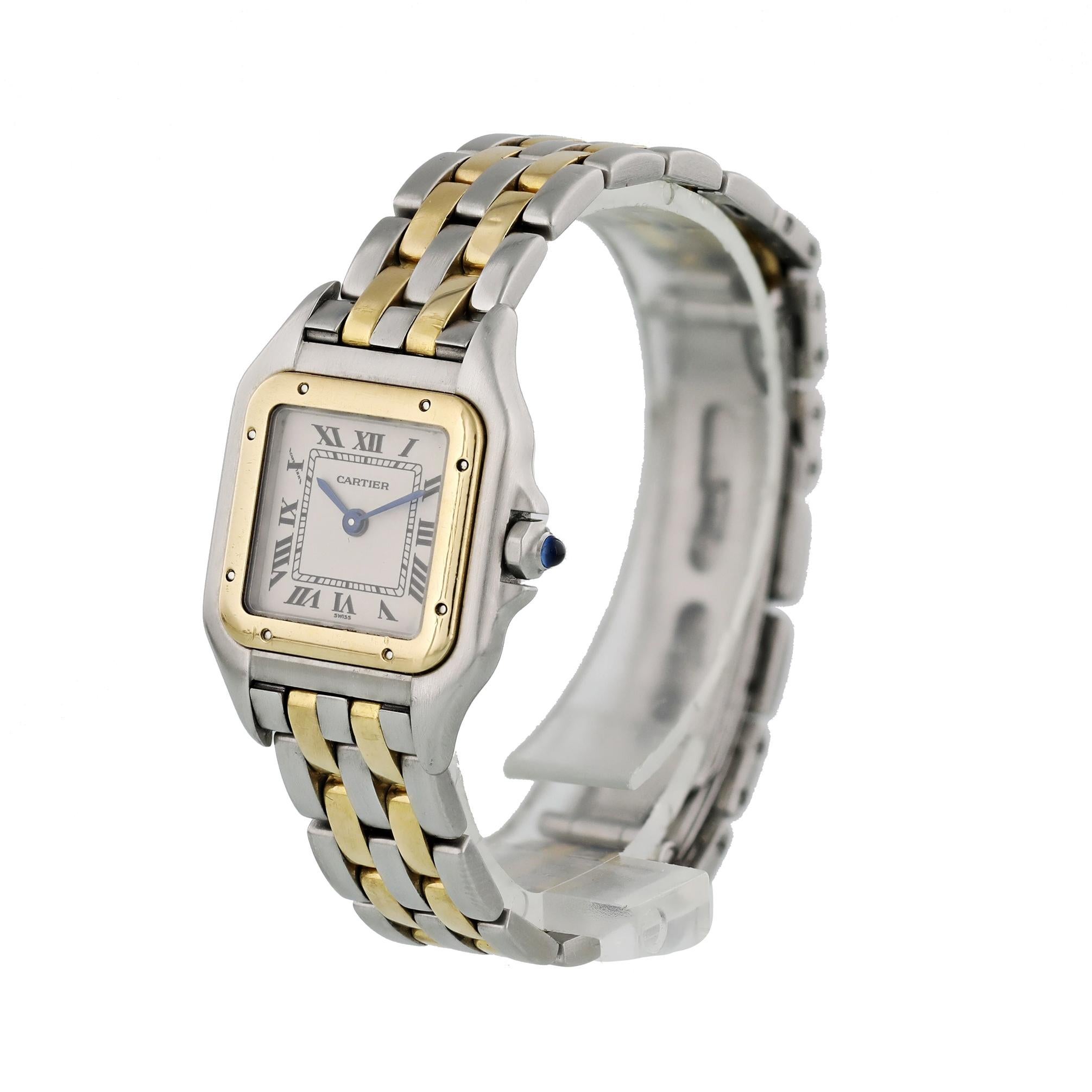 Cartier Panthere 1120 Two-Tone Ladies Watch. 
22mm Stainless Steel case. 
Yellow Gold Stationary bezel. 
Off-White dial with blue steel hands and black Roman numerals Hour Markers. 
Minute markers on the inner dial. 
Two-Tone Stainless Steel