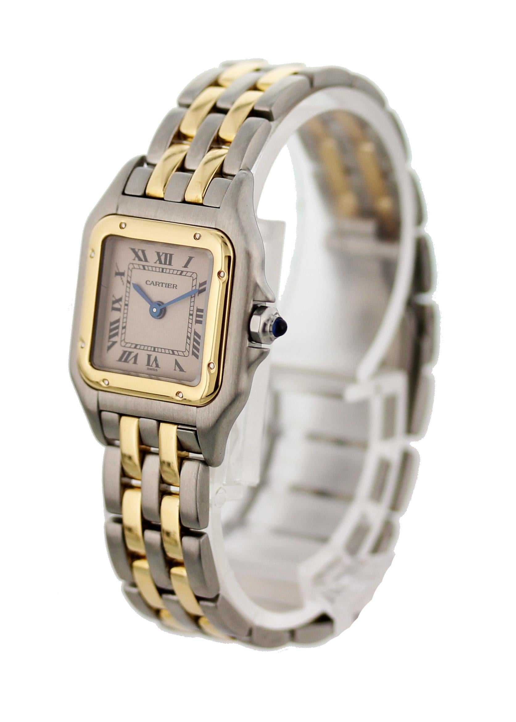 Cartier Panthere 1120 Two-Tone Ladies Watch. 22 mm stainless steel case. 18K yellow gold bezel. Off-white dial with blue steel hands and black Roman numerals. 18K yellow gold and stainless steel band with stainless steel hidden butterfly clasp. Will