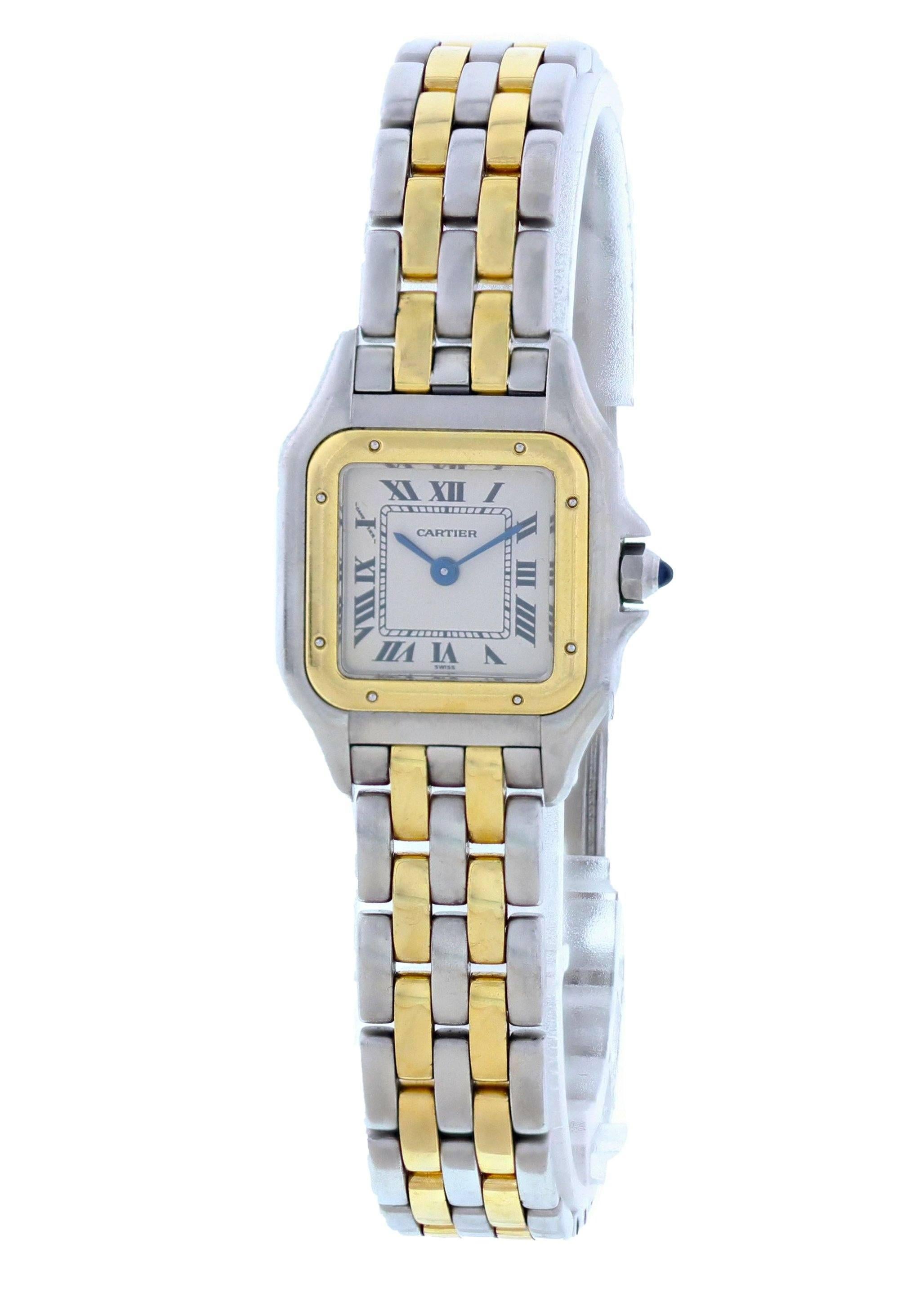 Cartier Panthere 112000R Ladies Watch.
22mm Stainless Steel case. 
Yellow Gold Stationary bezel. 
Off-White dial with Blue steel hands and Roman numeral hour markers. 
Minute markers on the outer dial. 
Stainless Steel bracelet with Butterfly Clasp.
