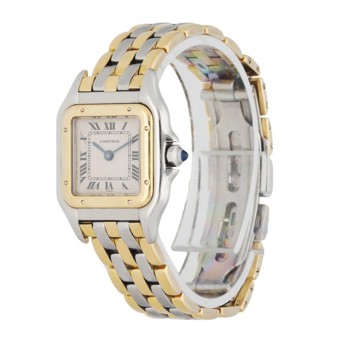 Cartier Panthere 112000R Ladies Watch. 23mm Stainless Steel case. 18K Yellow GoldÂ fixt bezel.Â Off-White dial with Blue steel hands and black Roman numeral hour markers. Minute markers on the inner dial. Two-Tone Stainless Steel & 18K yellow gold