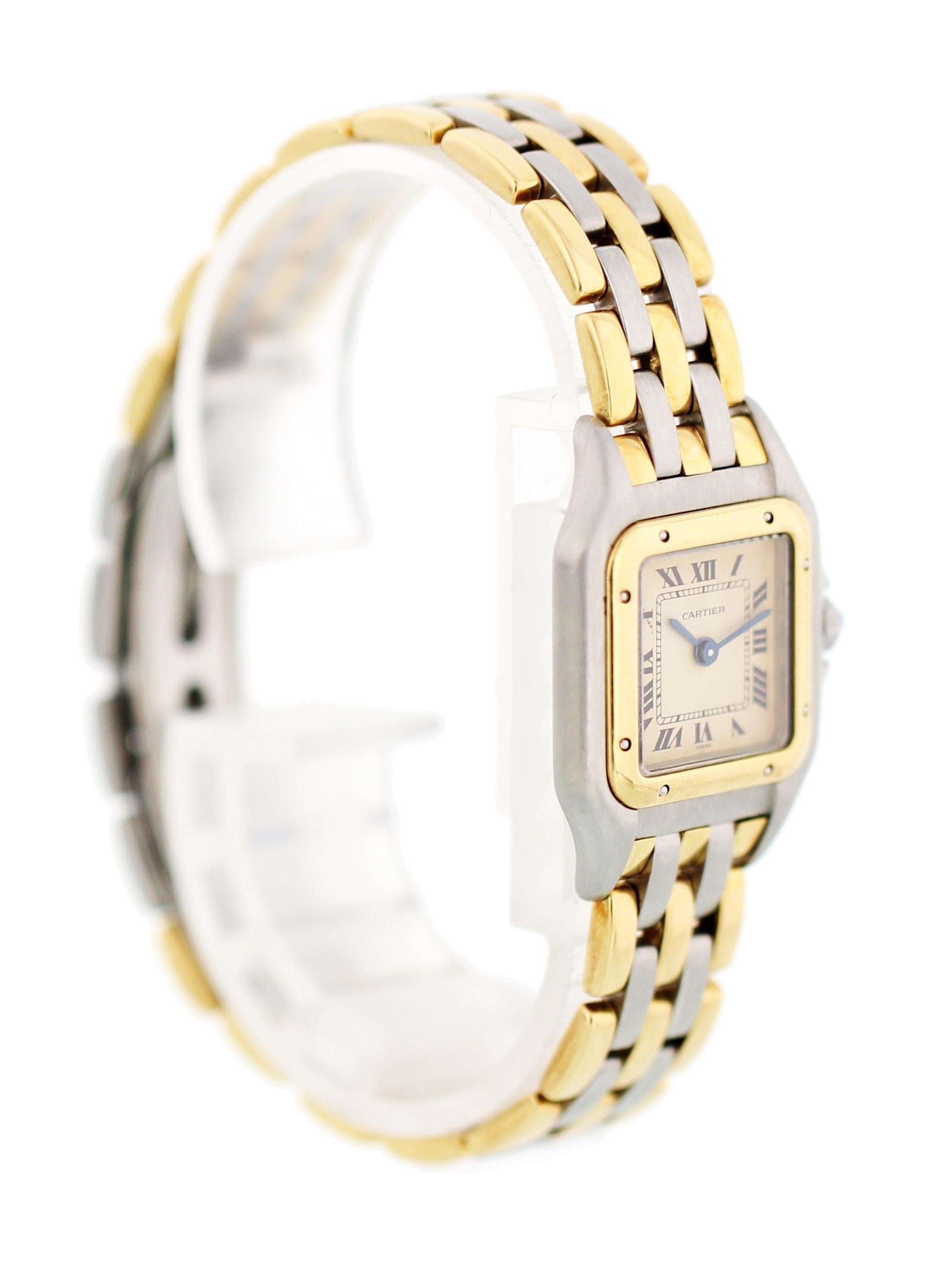 Cartier Panthere 112000. Stainless steel 22 mm case. 18k yellow gold bezel. Off White dial with blue hands and black roman numeral markers. Two tone band with three rows of gold links. Will fit up to a 6 inch wrist. Quartz battery movement. Sapphire